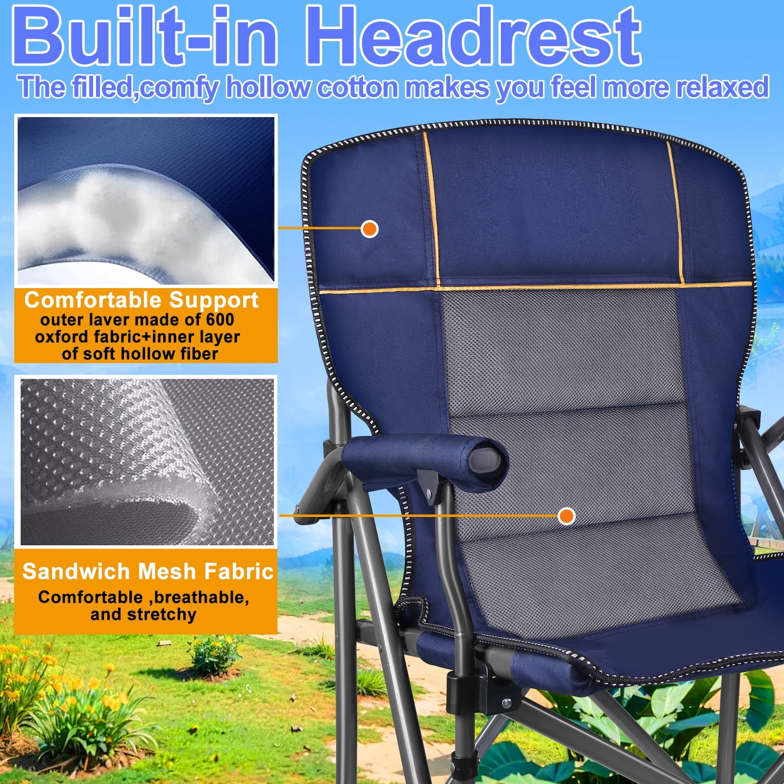 Camping Chair with Padded Hard Armrest, Sturdy Folding Camp Chair with Cup Holder, Storage Pockets Carry Bag Included