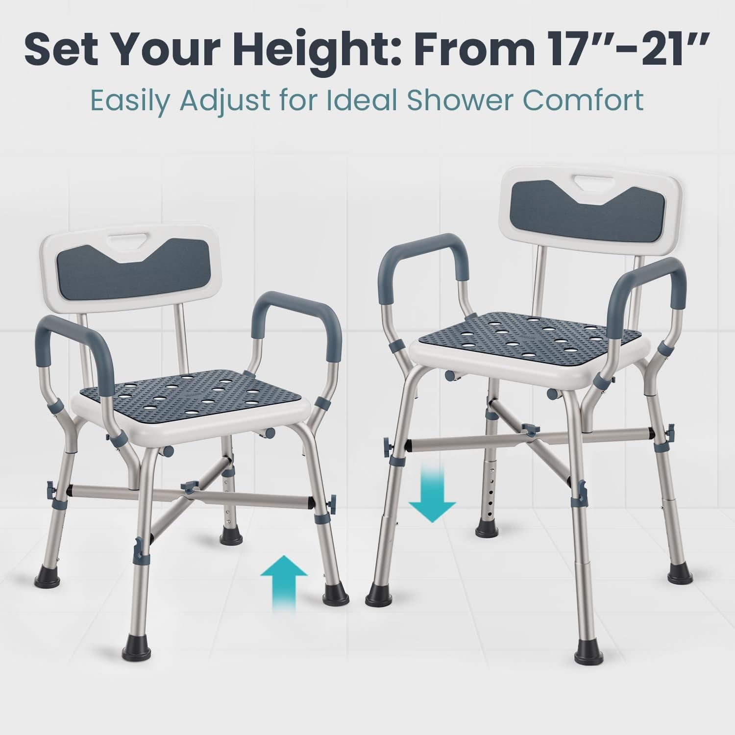 Bath Shower Chair Shower Stool with Shower Grab Bar, Height Adjustable Bath Bench, Support 350 lbs for Seniors, Elderly, Disabled, White