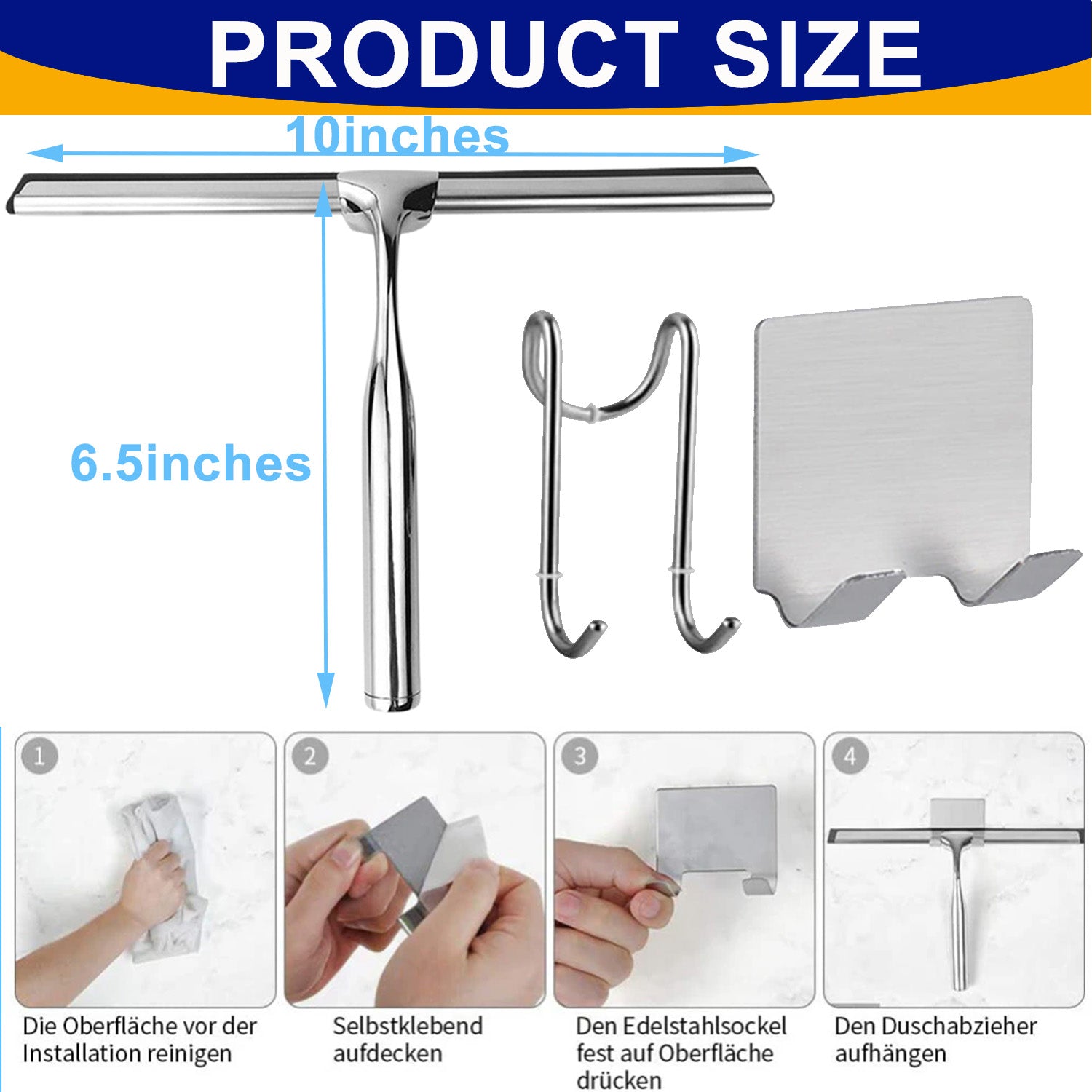 Shower Squeegee for Shower Doors, Bathroom, Window and Car Glass, Stainless Steel, Non-Slip Handle, Long Blade, with Door Hook and Adhesive Hook