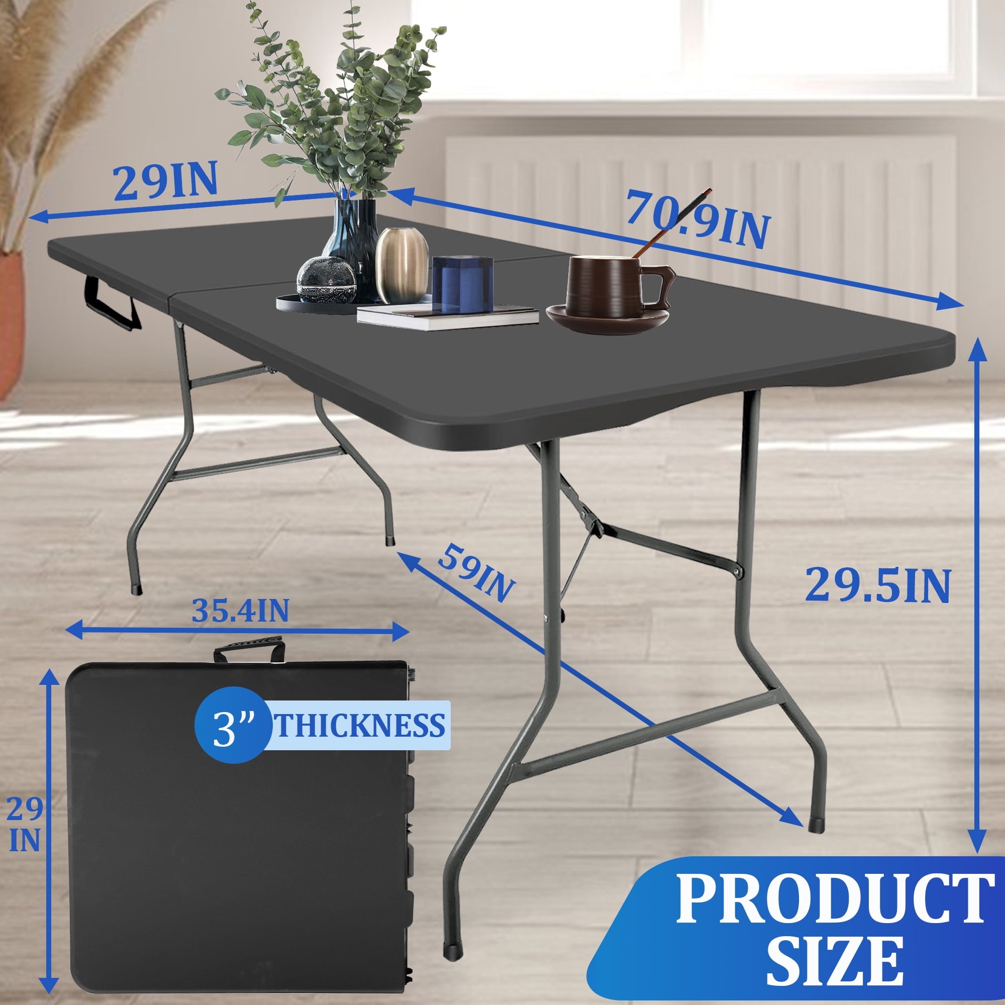 6FT Folding Table with Lock Mechanism, Portable and Adjustable for Camping, Dining, and Events – Indoor/Outdoor Utility Foldable Table with Collapsible Legs, Black