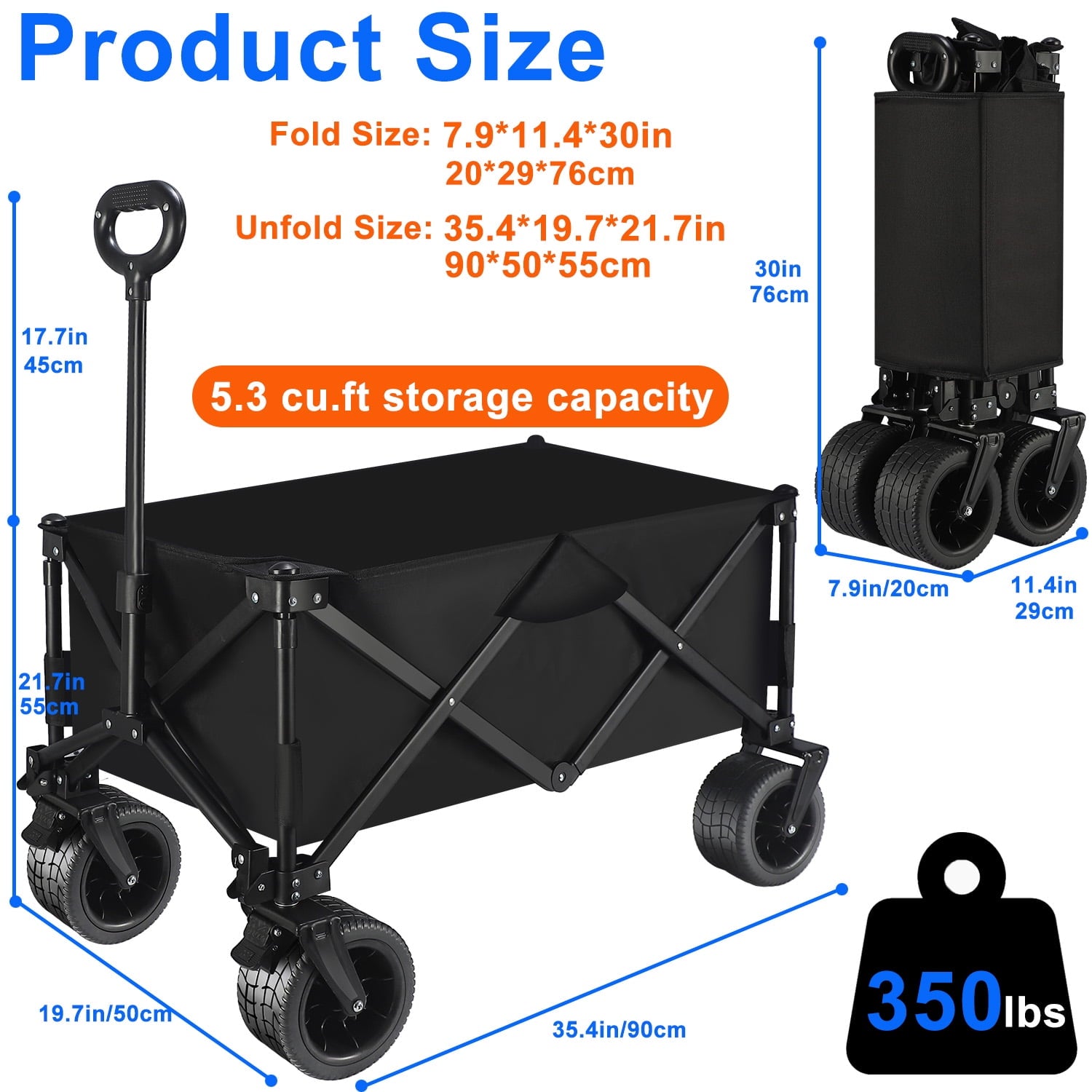 Collapsible Foldable Wagon Cart, 350lbs Capacity Folding Wagon Cart with All-Terrain Wheels, Utility Cart with Smallest Folding Design for Grocery, Garden, Shopping, Outdoor, Beach