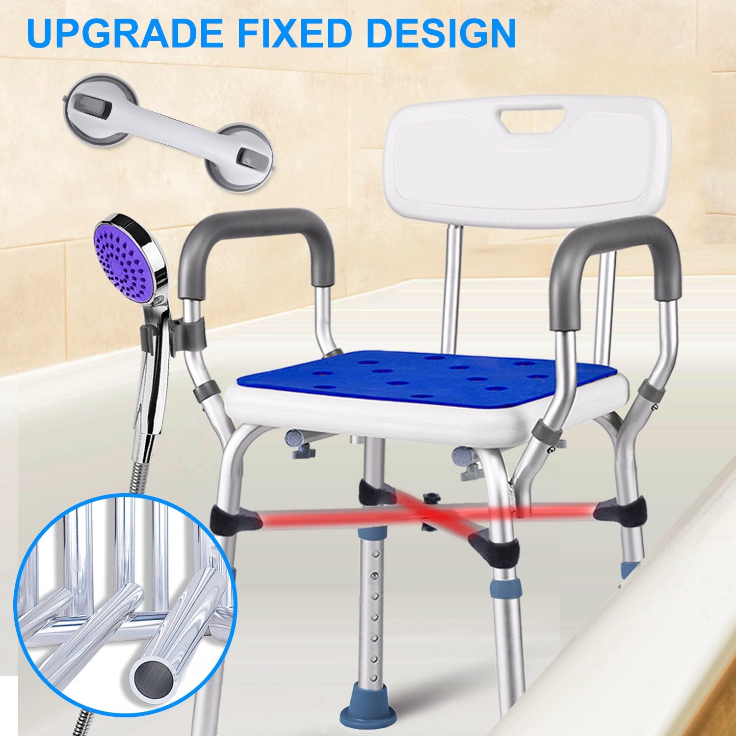 Shower Chair Bath Chair with Back & Padded Armrests and Shower Grab Bar, Height Adjustable with Reinforced Crossing Bar , Supports up to 350 lbs, White