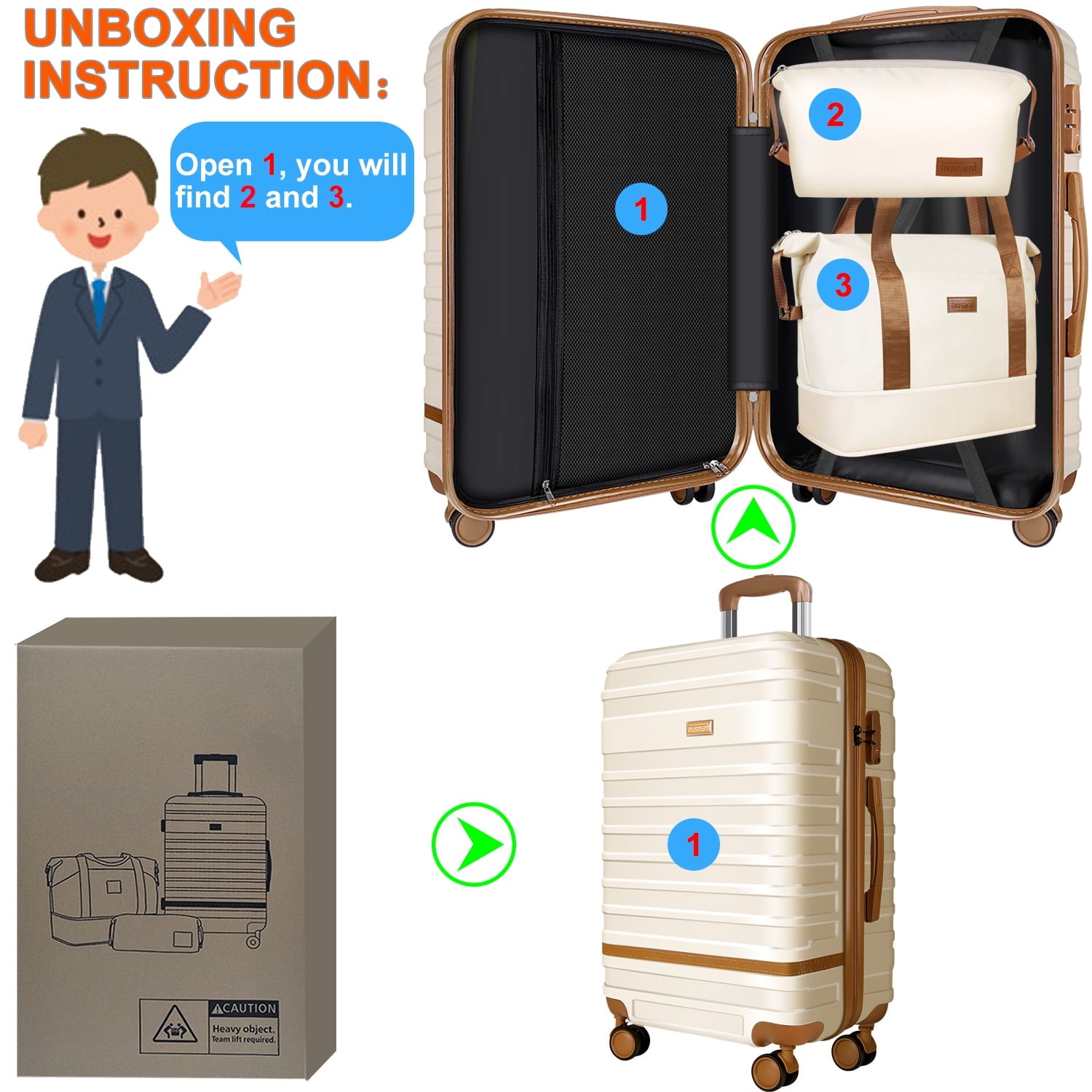 Expandable Suitcase Set Luggage Sets, 20 inch Carry On Luggage with TSA Lock and Double Spinner Wheels,(Ivory White,3 PCS set )