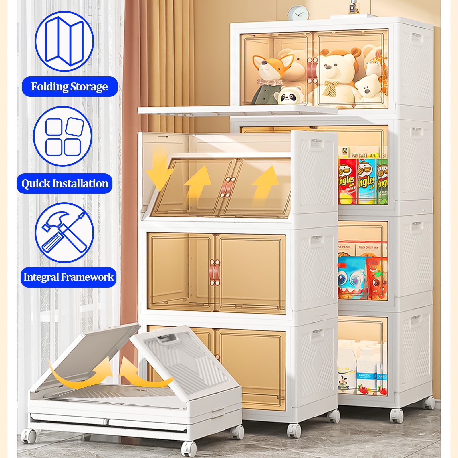 Premium 4 Tier Stackable Plastic Storage Bins with Lids - Foldable Closet Organizers and Storage - Versatile Storage Containers with Wheels for Home, Office, Dorm - Perfect for Clothes, Crafts