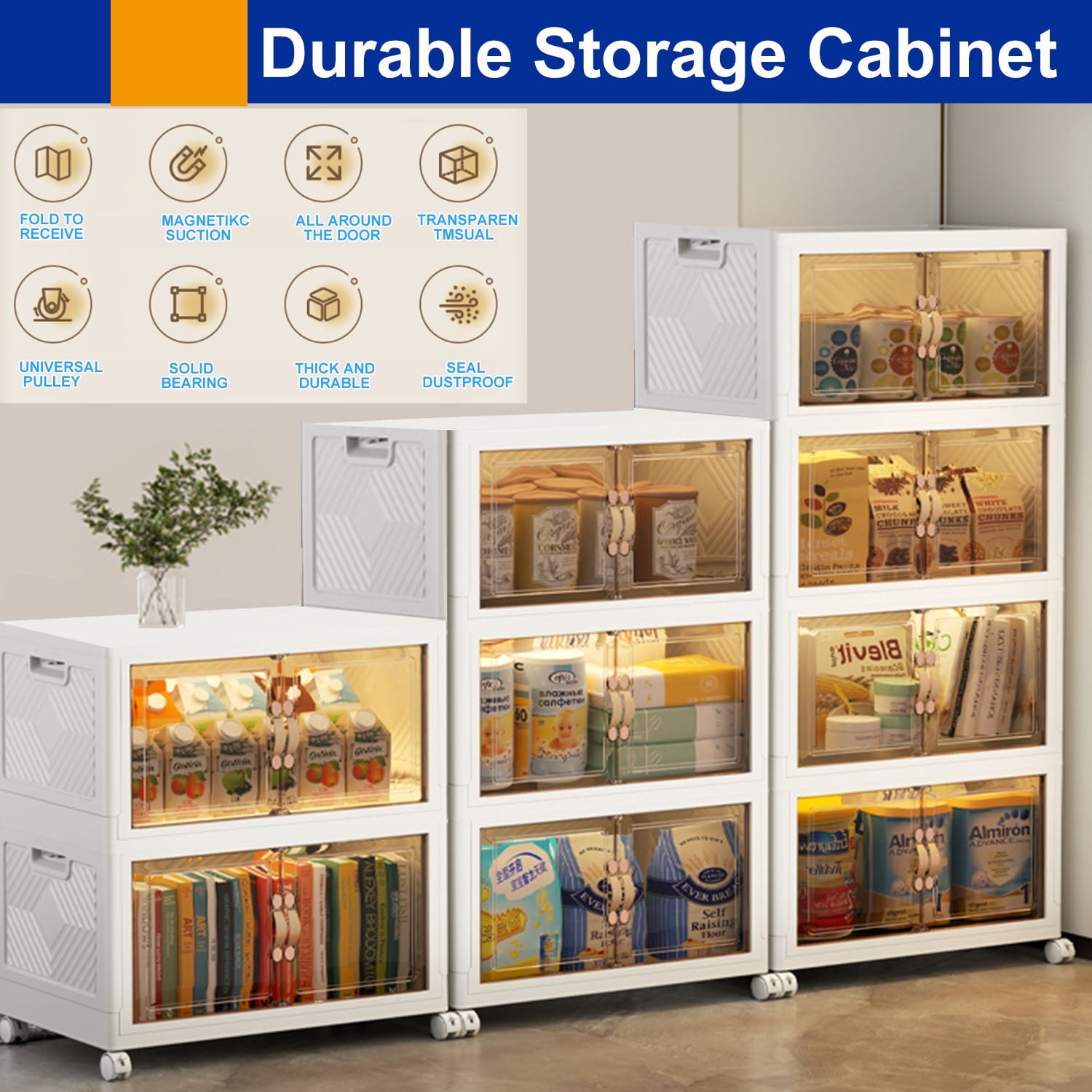 Storage Bins with Lids - 5 Tier Folding Storage box with Doors and Wheels, Collapsible Plastic Storage Bins for Closets, Stackable Storage Organizer, Storage Containers for Closet, White
