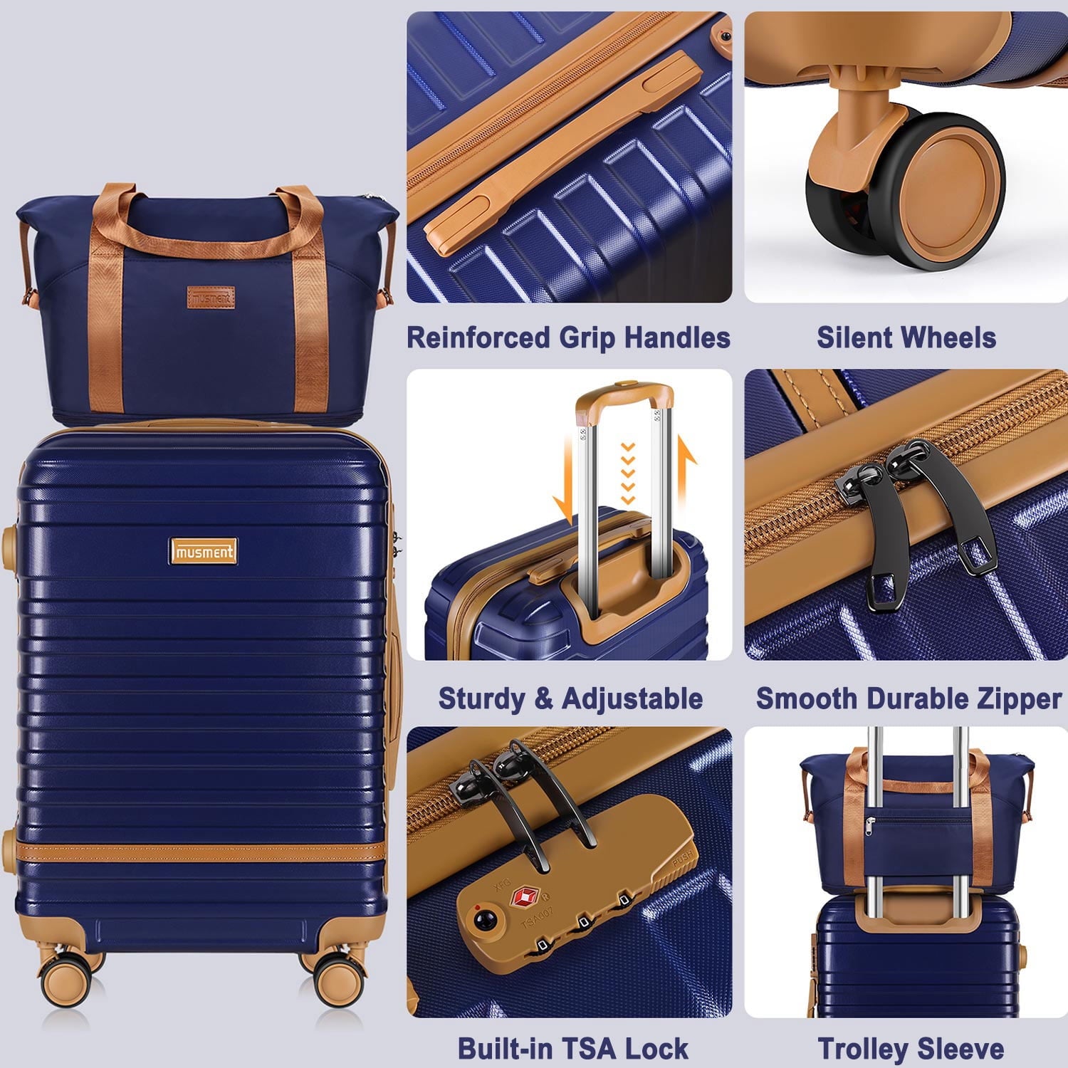 Camkey 20 in 3 Piece Hardside Spinner Carry On Luggage with Travel Duffel Bag, Deep Blue