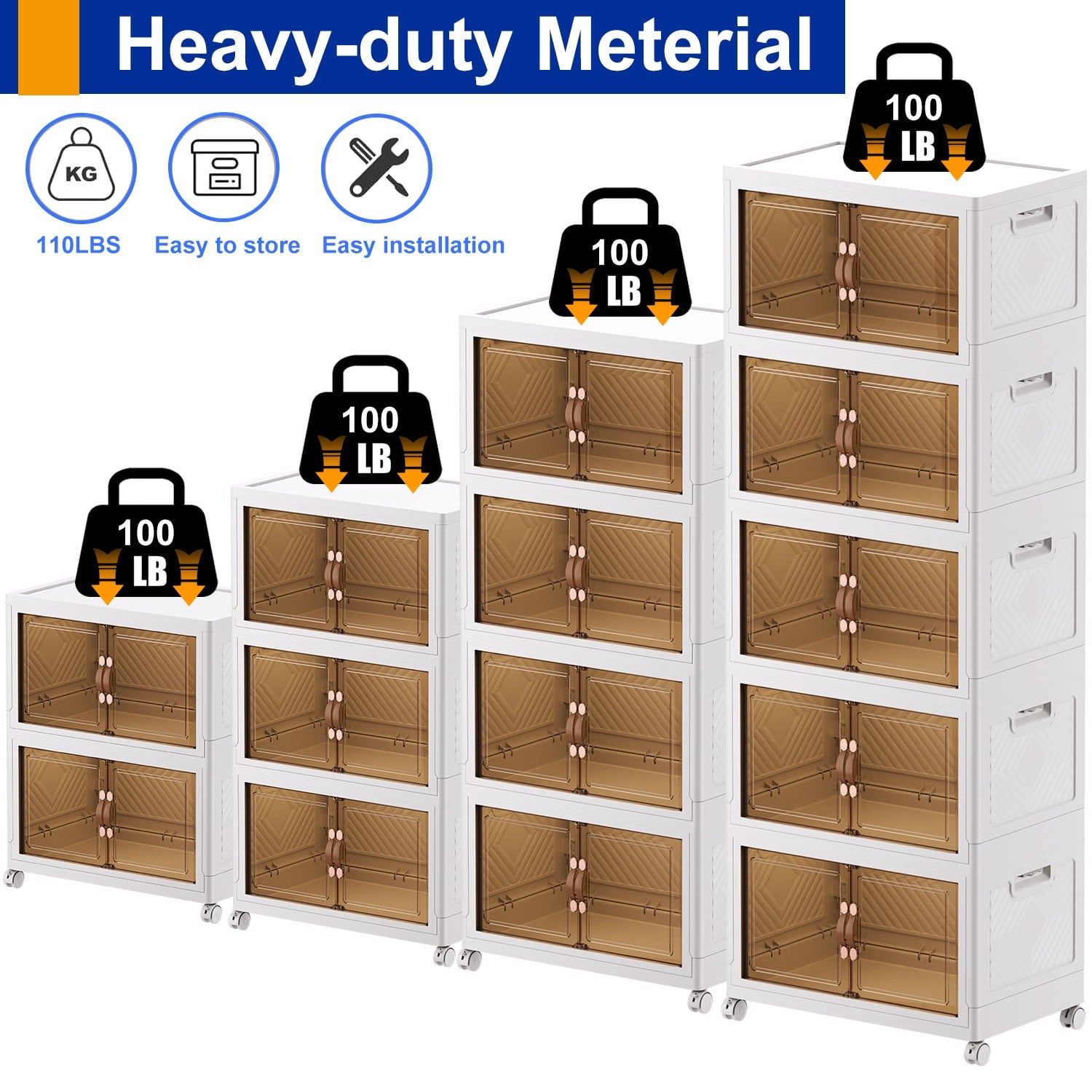 Storage Bins with Lids - 5 Tier Folding Storage box with Doors and Wheels, Collapsible Plastic Storage Bins for Closets, Stackable Storage Organizer, Storage Containers for Closet, White