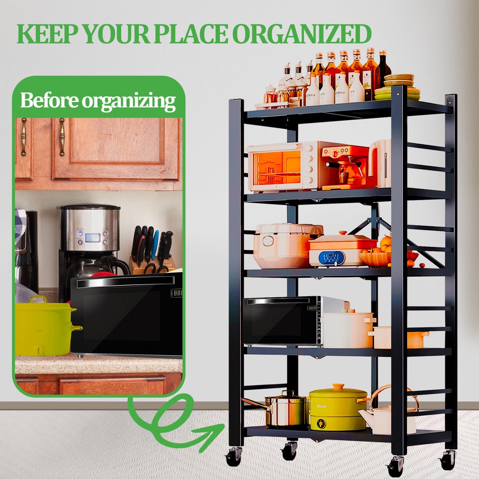 Camkey 5-Tier Heavy Duty Metal Shelving, Foldable with Wheels, No Assembly