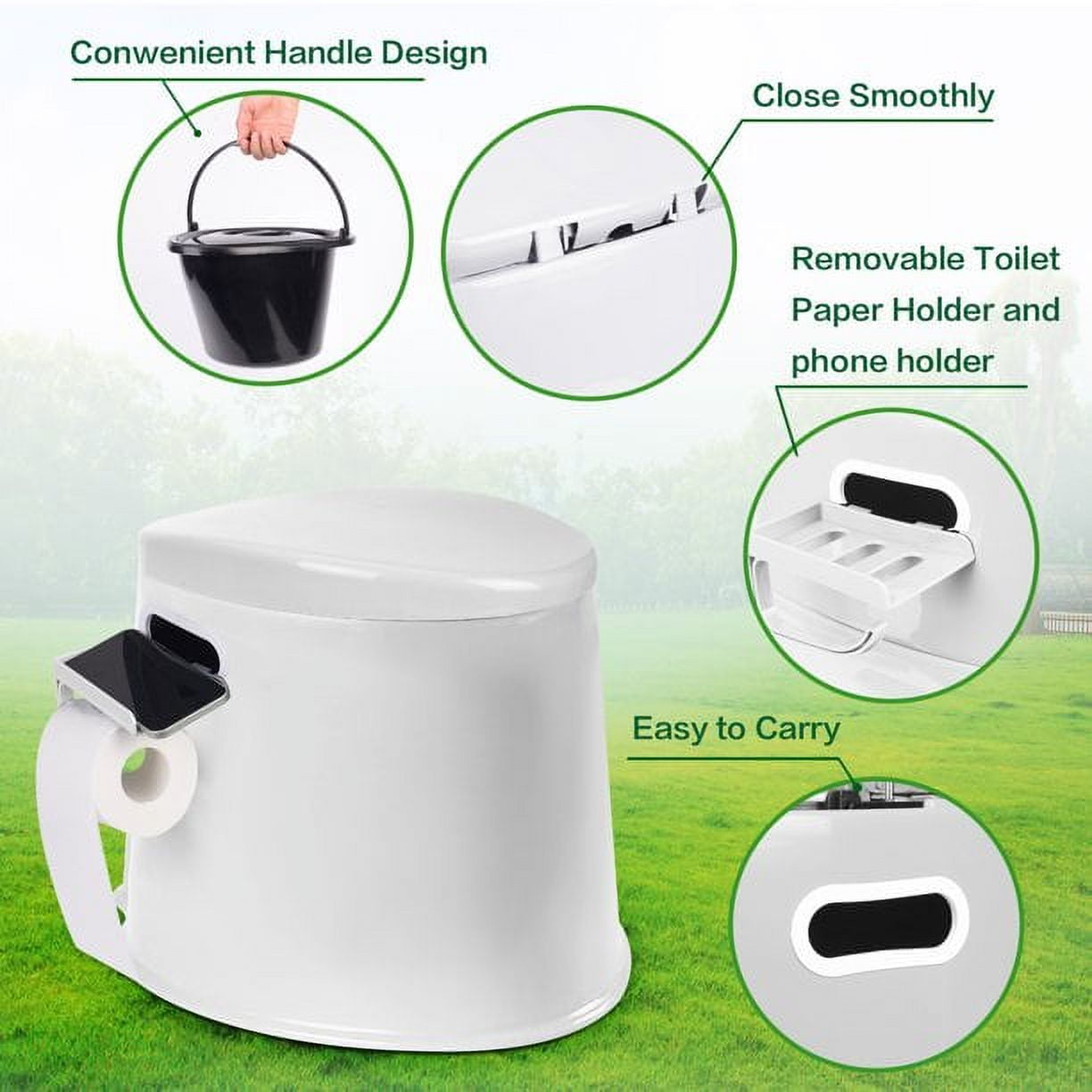 Portable Camping Toilet with Detachable Inner Bucket and Removable Toilet Paper Holder - White