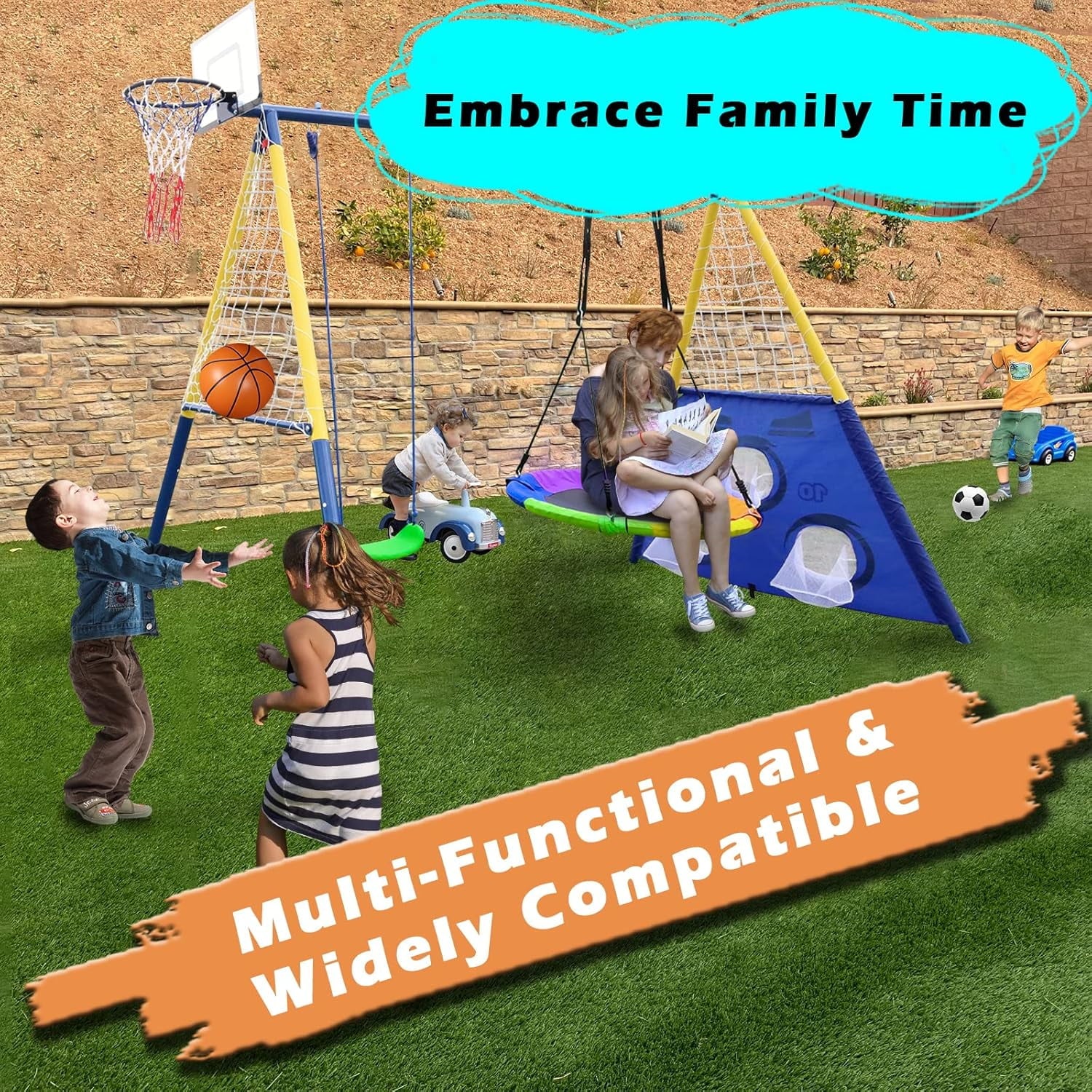 Swing Sets for Outside,A-Frame Swing Set with Basketball Hoop & Soccer Goal