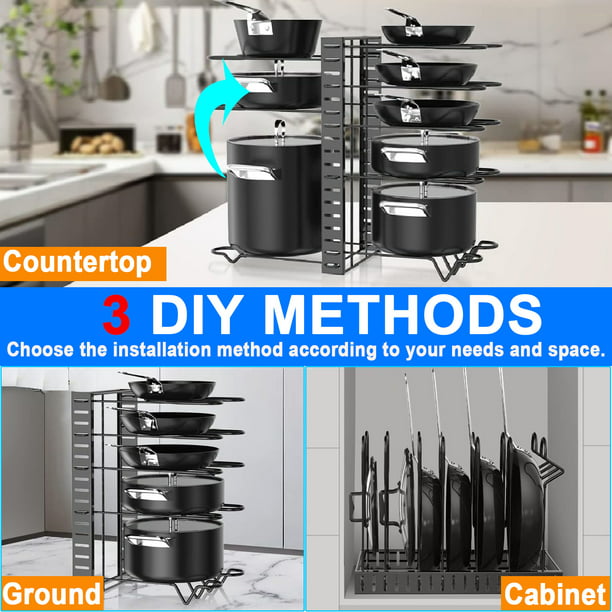 8 Tiers Pots and Pans Organizer, Adjustable Pot Rack for Kitchen Organization & Storage, Kitchen Cabinet Storage Metal Holders, Lid Organizer for Pots and Pans with 3 DIY Methods