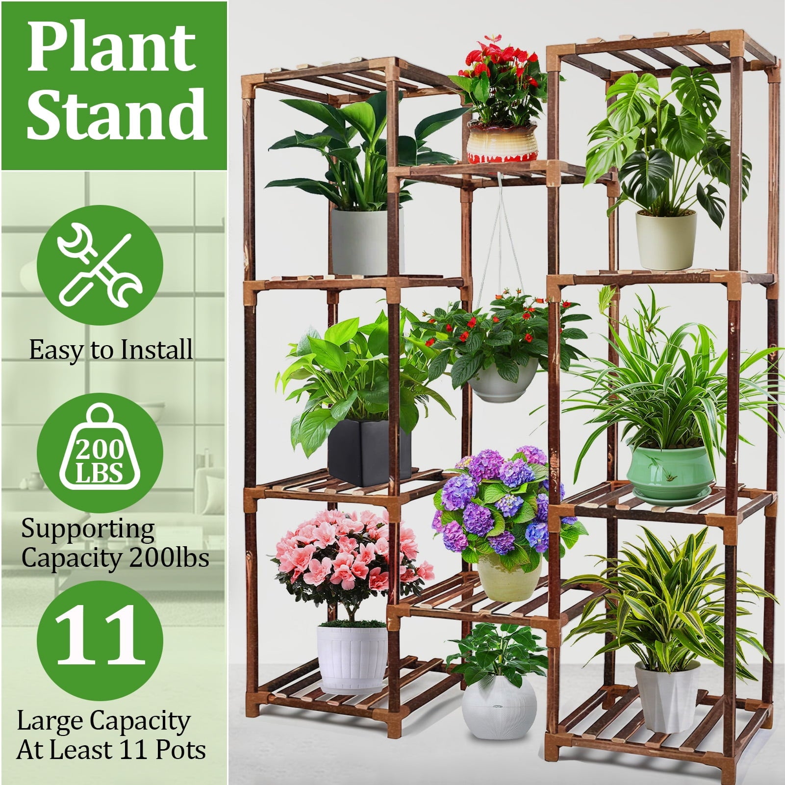 Indoor Plant Stand Tall - 10-Tier Wood Plant Shelf for Multiple Planters, Space-Saving Corner Rack for Apartment & Outdoor Use, Perfect for Indoor Plants, Garden, Patio, & Balcony Decor