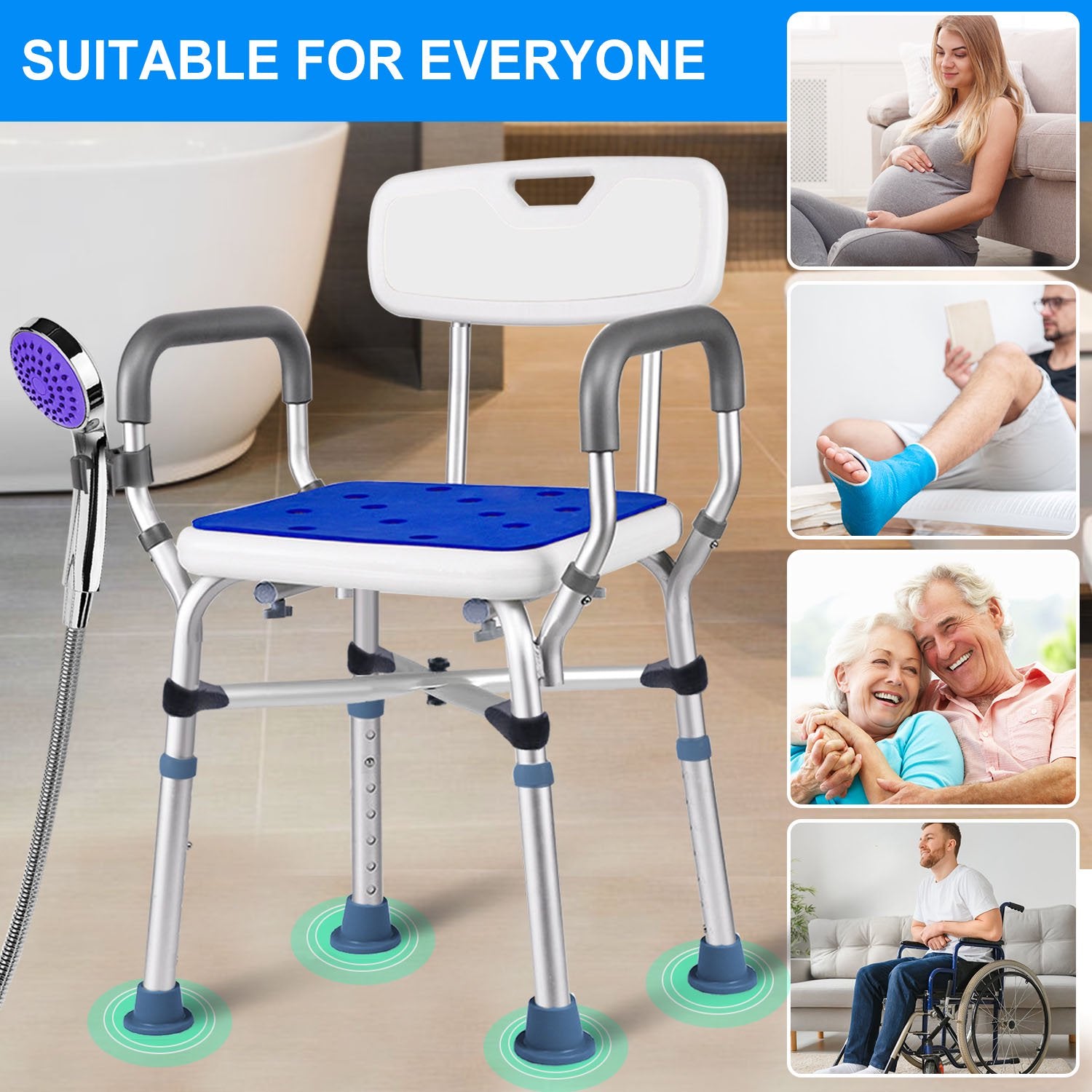 Shower Chair Bath Chair with Back & Padded Armrests and Shower Grab Bar, Height Adjustable with Reinforced Crossing Bar , Supports up to 350 lbs, White