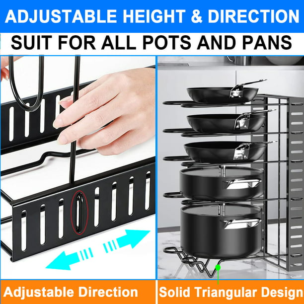 8 Tiers Pots and Pans Organizer, Adjustable Pot Rack for Kitchen Organization & Storage, Kitchen Cabinet Storage Metal Holders, Lid Organizer for Pots and Pans with 3 DIY Methods
