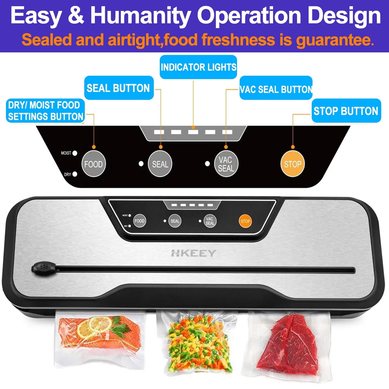 Food Vacuum Sealer Machine with 2 Rolls Food Vacuum Sealer Bags ，Food Storage Saver Dry & Moist Food Modes, Led Indicator Lights, Easy to Clean, Compact Design