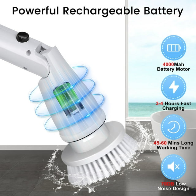 Musment Electric Spin Scrubber, Cordless Bath Tub Power Scrubber with Long Handle & 4 Replaceable Heads, Detachable as Short Handle, Shower Cleaning Brush Household Tools for Bathroom & Tile Floor