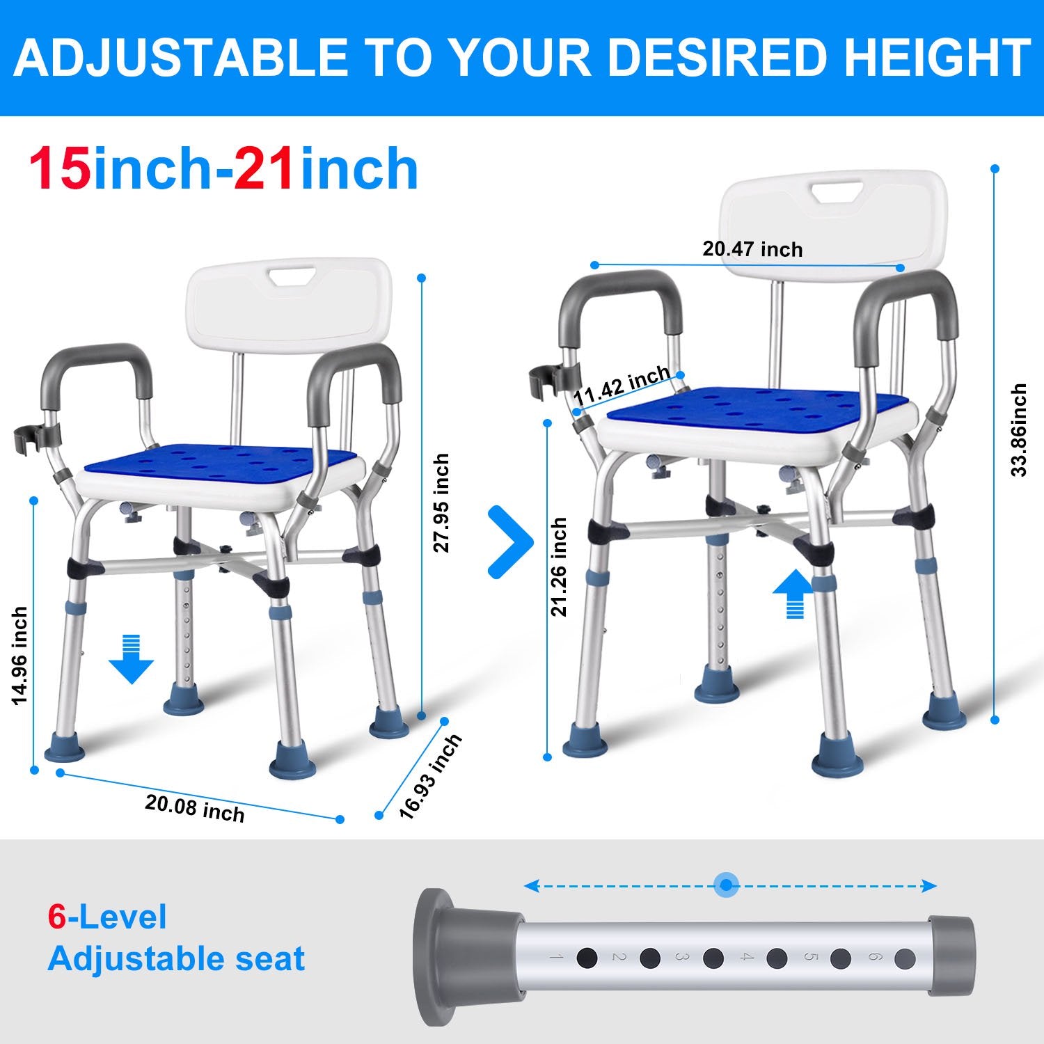Shower Chair Bath Chair with Back & Padded Armrests and Shower Grab Bar, Height Adjustable with Reinforced Crossing Bar , Supports up to 350 lbs, White