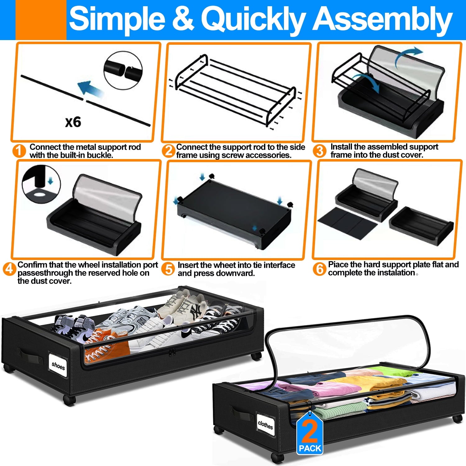 Under Bed Storage with Wheels, 2 Pack Under Bed Storage Containers with Dividers & Clear Lids, Under the bed storage Organizer Bins, Underbed Storage with Wheels for Clothes