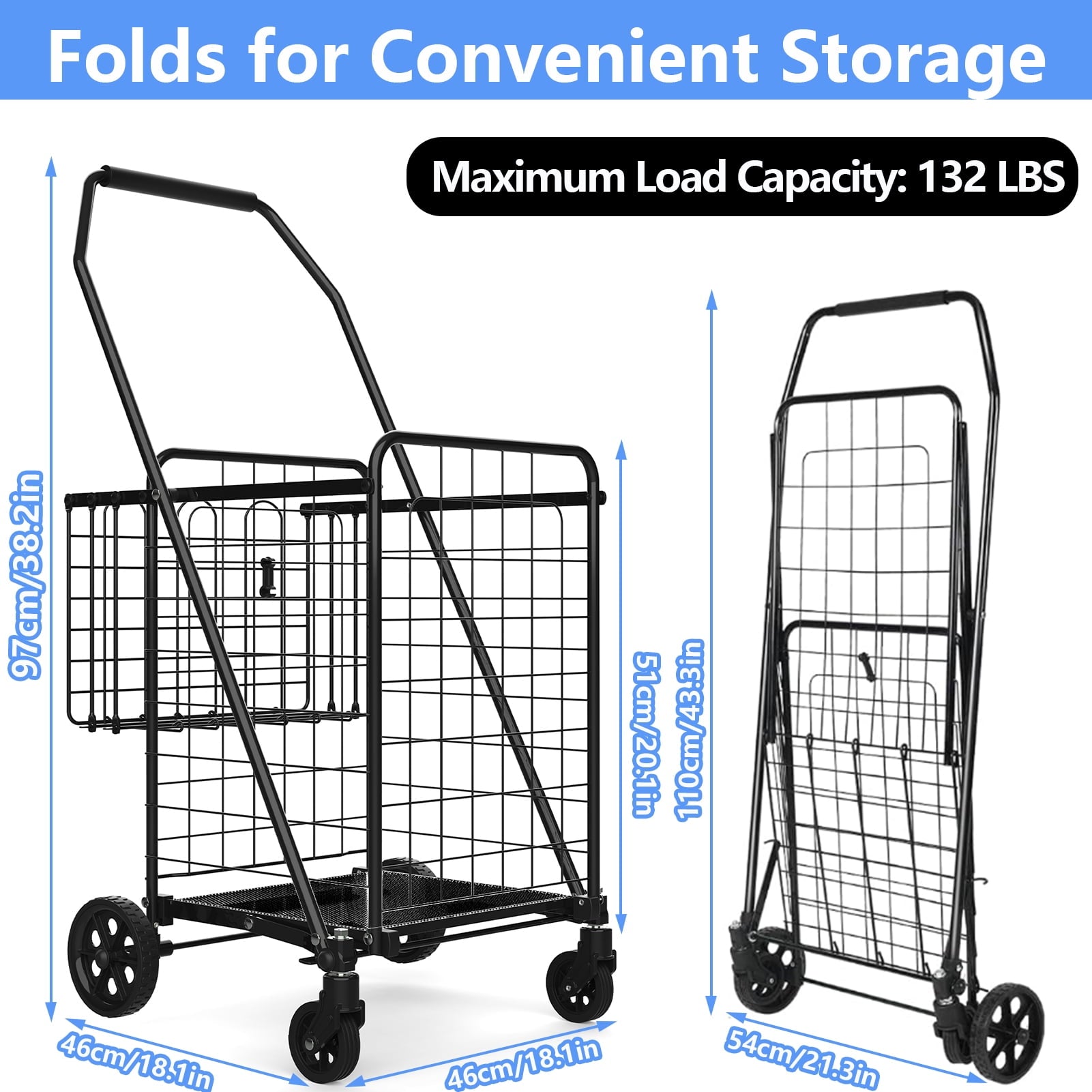 Folding Shopping Cart with Wheels, 360° Swivel Design, Heavy Duty Utility Cart, Black