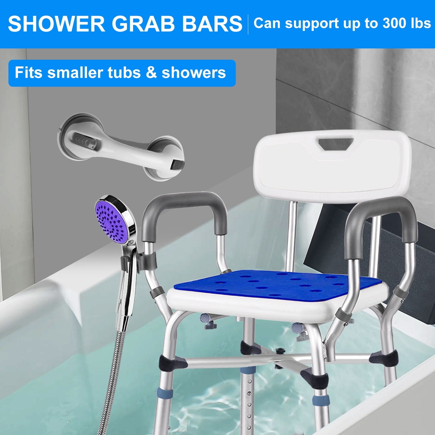 Shower Chair Bath Chair with Back & Padded Armrests and Shower Grab Bar, Height Adjustable with Reinforced Crossing Bar , Supports up to 350 lbs, White