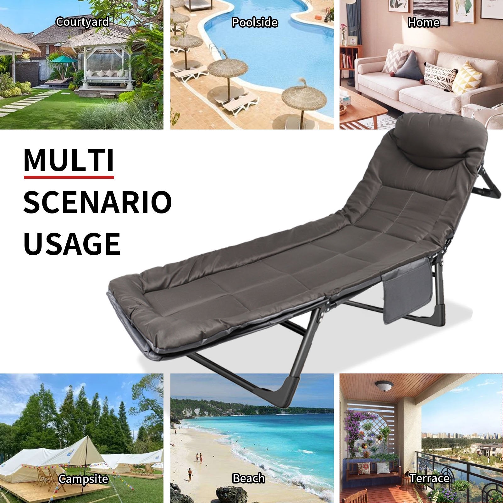 Folding Camping Cot Bed , 78.7"*26.8" Adjustable 5-Position Folding Chaise Lounge Chair, Portable Guest Bed & Outdoor Folding Sleeping Cots Bed for Home, Office, Camping, Indoor, Outdoor