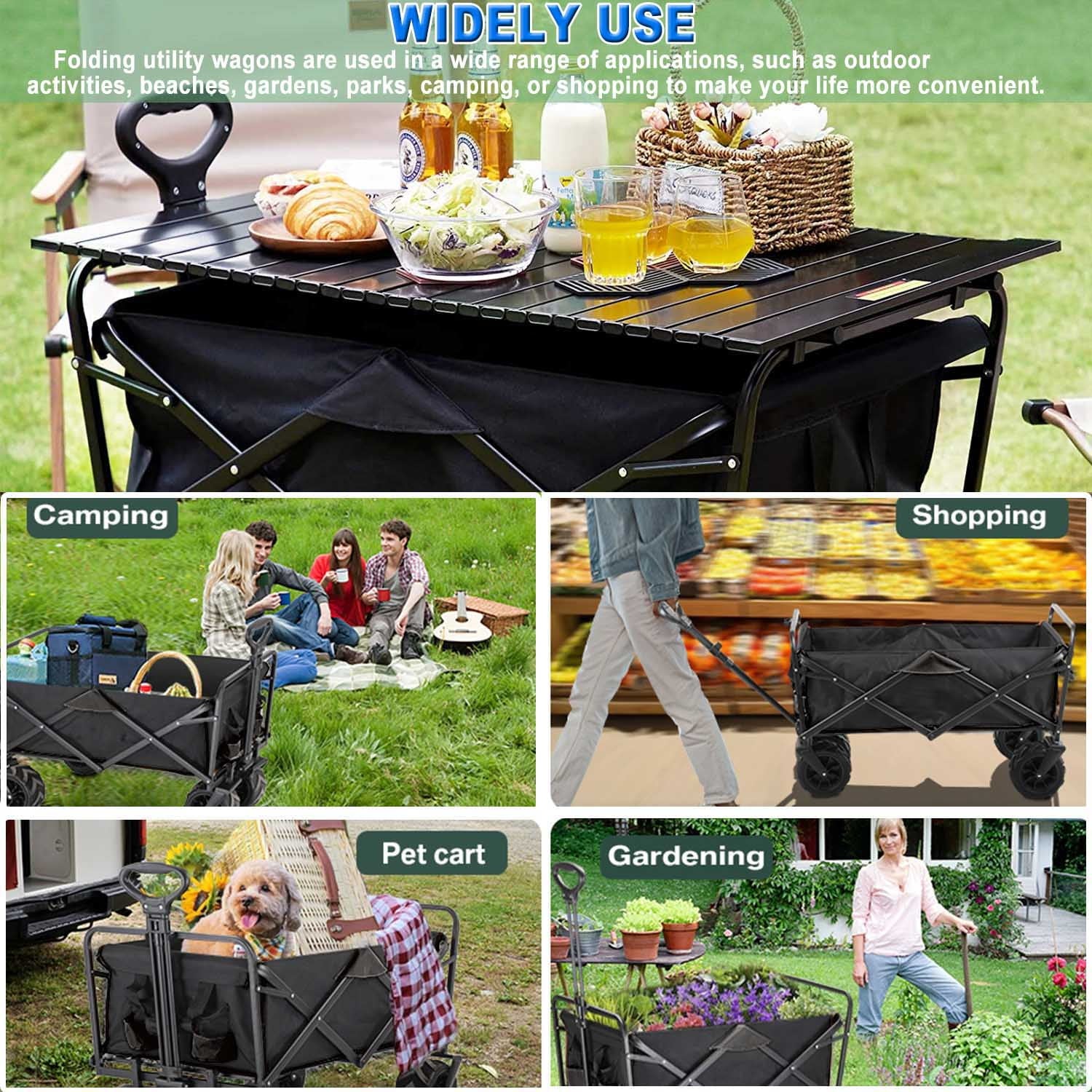 Heavy Duty Folding Wagon Garden Cart with Aluminum Table Plate & Storage Bag, 350LBS Large Capacity Portable Utility Cart with All-Terrain Wheels for Grocery ,Garden,Shopping, Camping, Beach