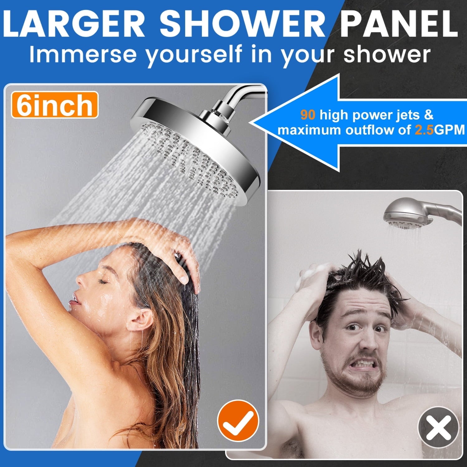 Shower Head, 6" High Pressure Rain Showerhead, Adjustable Chrome Rain Shower Heads