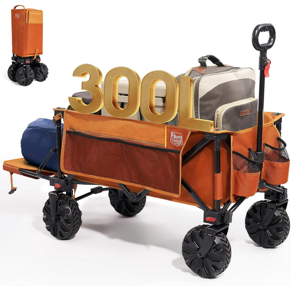300L Folding Beach Trolley Cart with Adjustable Tailgate, 135kg Collapsible Wagon with Detachable Wide Wheels & Adjustable Handle for Outdoor Camping Garden, Orange
