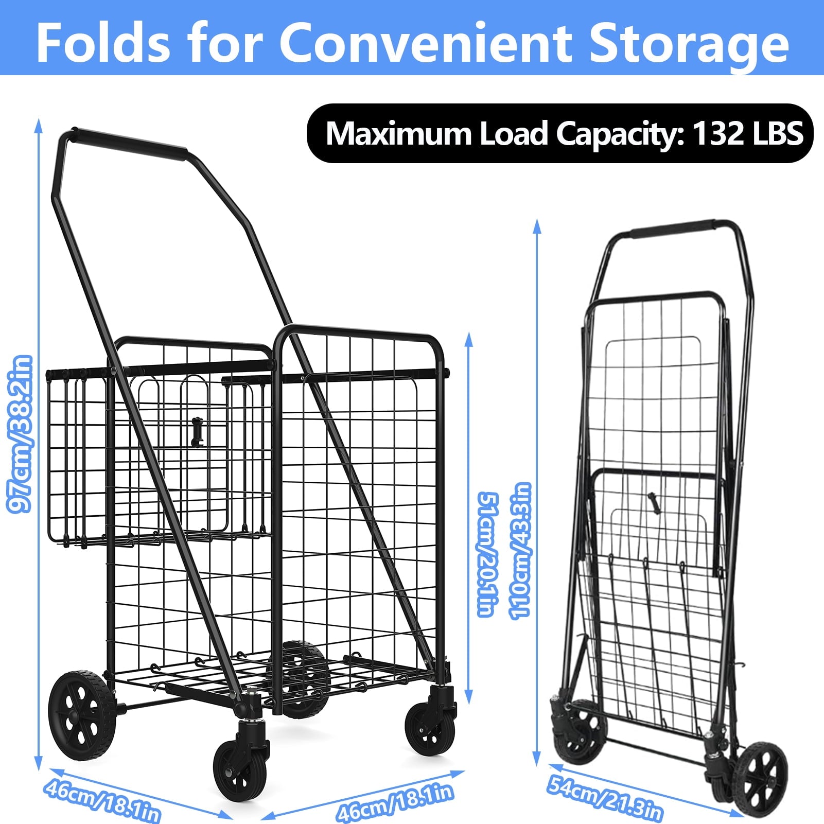 Collapsible Grocery Cart on Wheels, Heavy-Duty Design for Laundry, Shopping, and Outdoor Use – 132 LBS Capacity