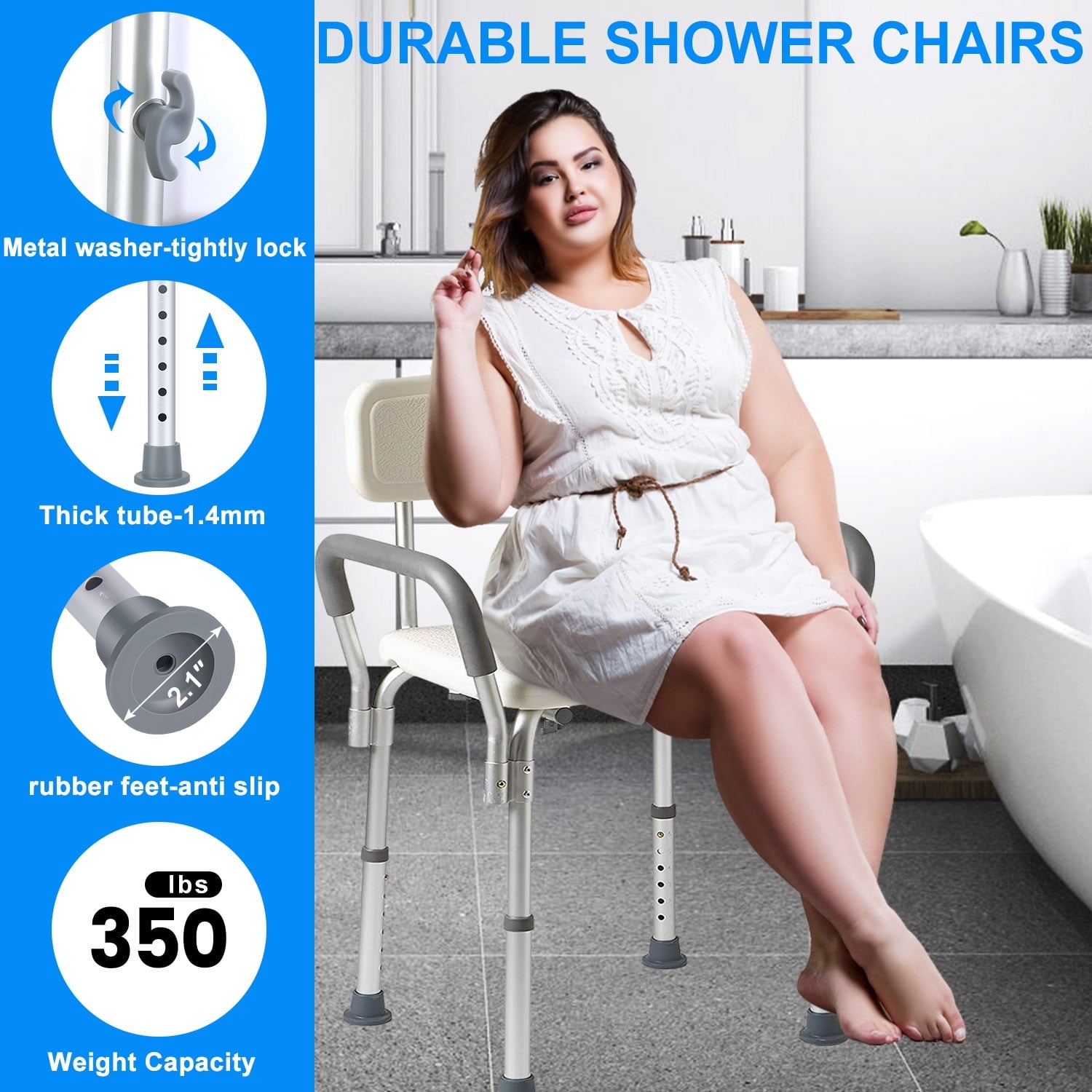 GAZILY Bath Shower Stool Adjustable Height Aluminium Shower Chair for Bathing Showers and Tubs Safety, White