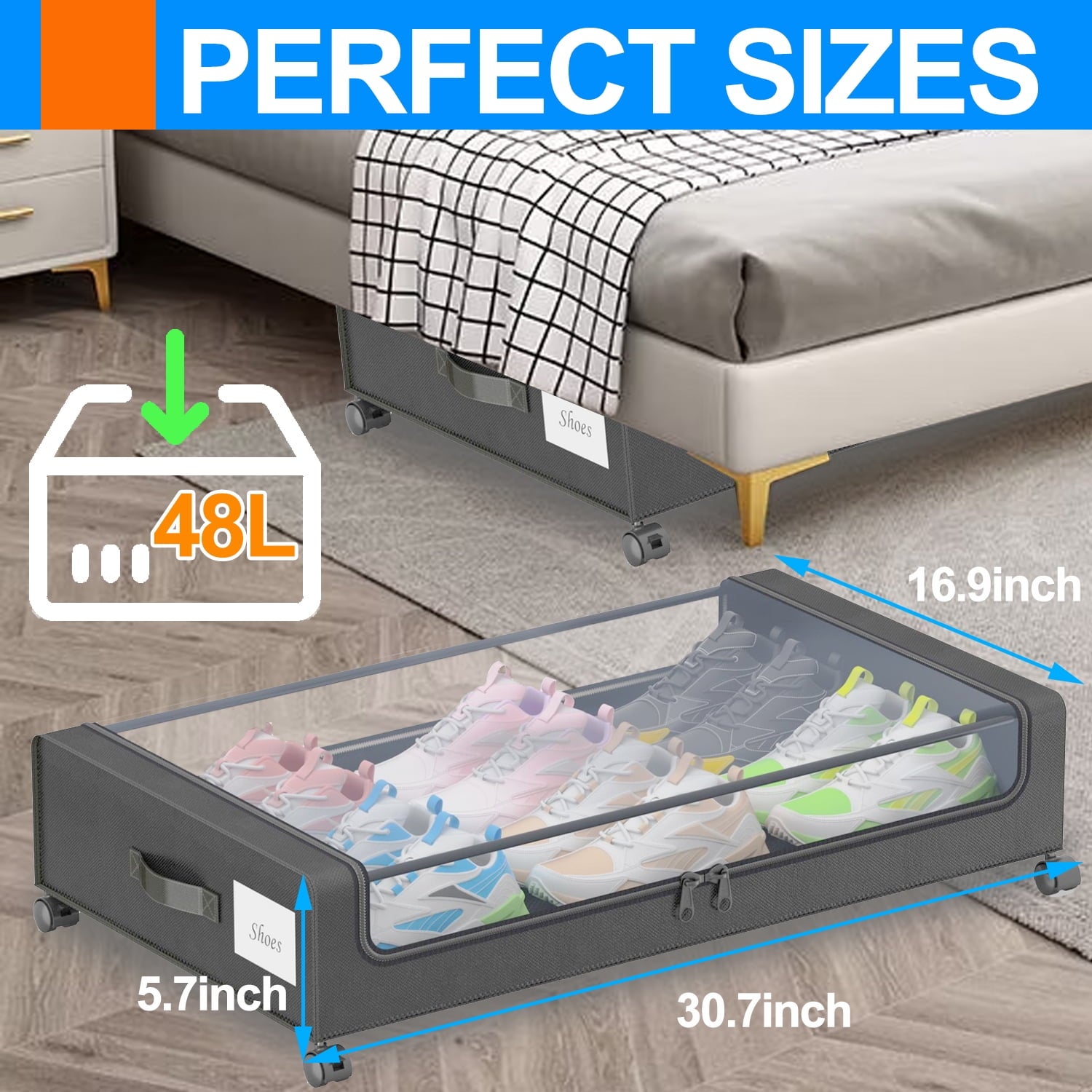 Under Bed Storage with Wheels, 2Pack Under Bed Storage Containers, Under Bed Shoe Storage Organizer, Rolling Under Bed Metal Drawer for Clothes, Blankets