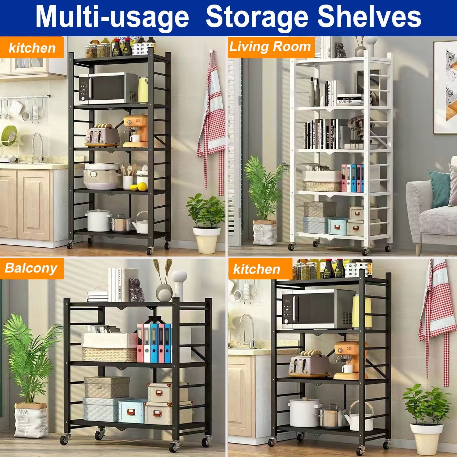 GAZILY 4-Tier Foldable Storage Shelf, Heavy Duty Metal Shelf, Kitchen Shelf, Garage Shelf with Lockable Wheels &3 Hooks- No Assemble Require