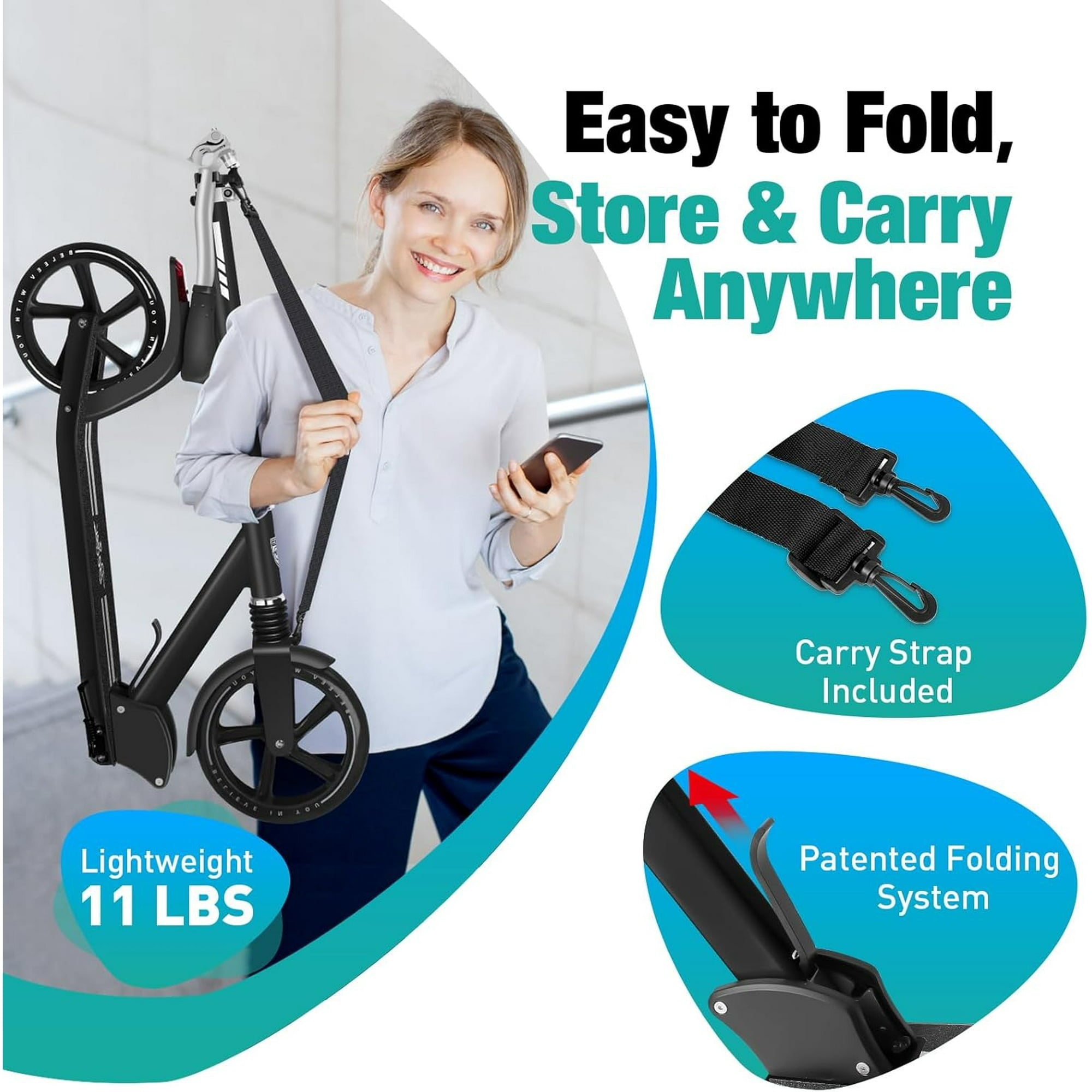 Foldable Scooter -200mm Big Wheels 4 Levels Height Adjustable for Kid, Teens & Adults - Unisex, Black