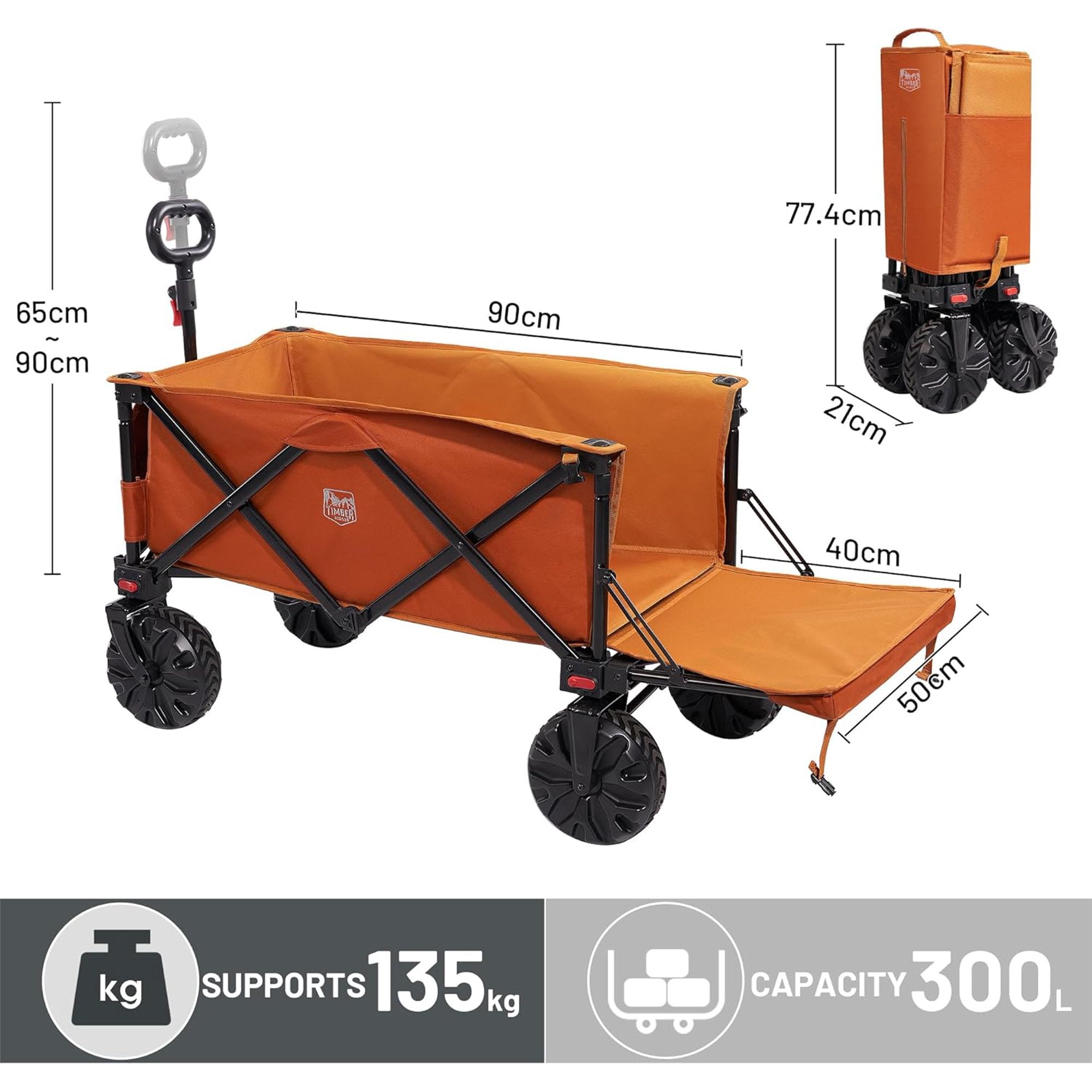 300L Folding Beach Trolley Cart with Adjustable Tailgate, 135kg Collapsible Wagon with Detachable Wide Wheels & Adjustable Handle for Outdoor Camping Garden, Orange