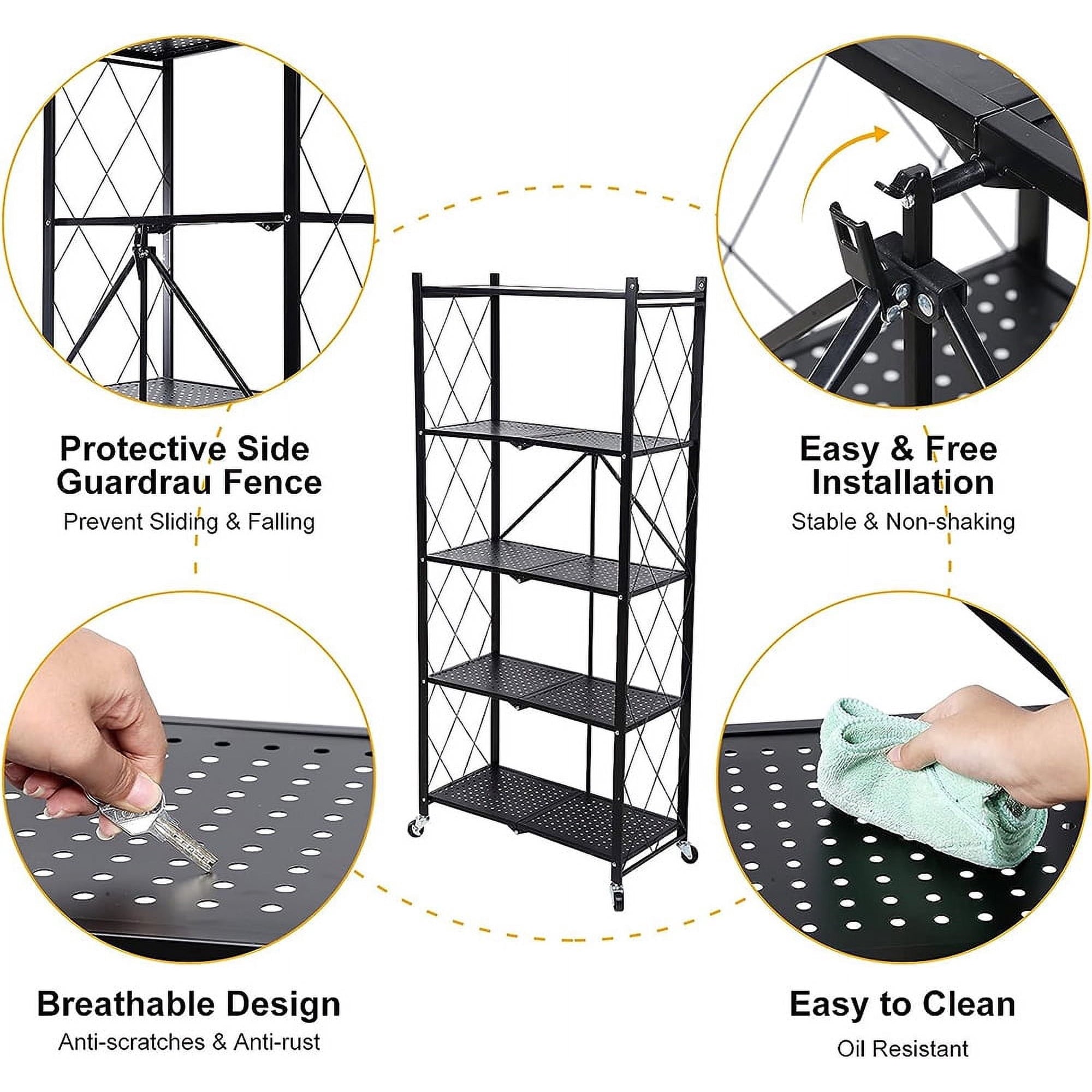 5-Tier Metal Storage Shelves with Wheels, Heavy Duty Foldable Garage Shelving Unit for Easy Organization, Ideal for Kitchen, Garage, and Basement, Black