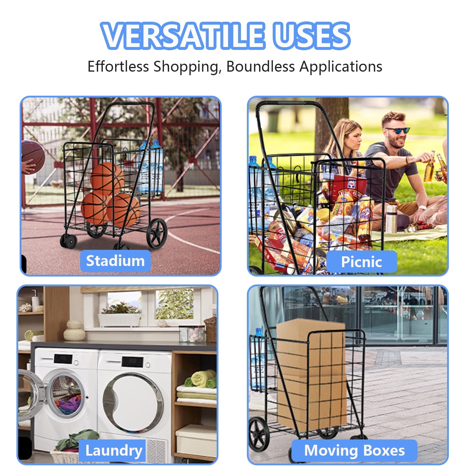 Collapsible Grocery Cart on Wheels, Heavy-Duty Design for Laundry, Shopping, and Outdoor Use – 132 LBS Capacity