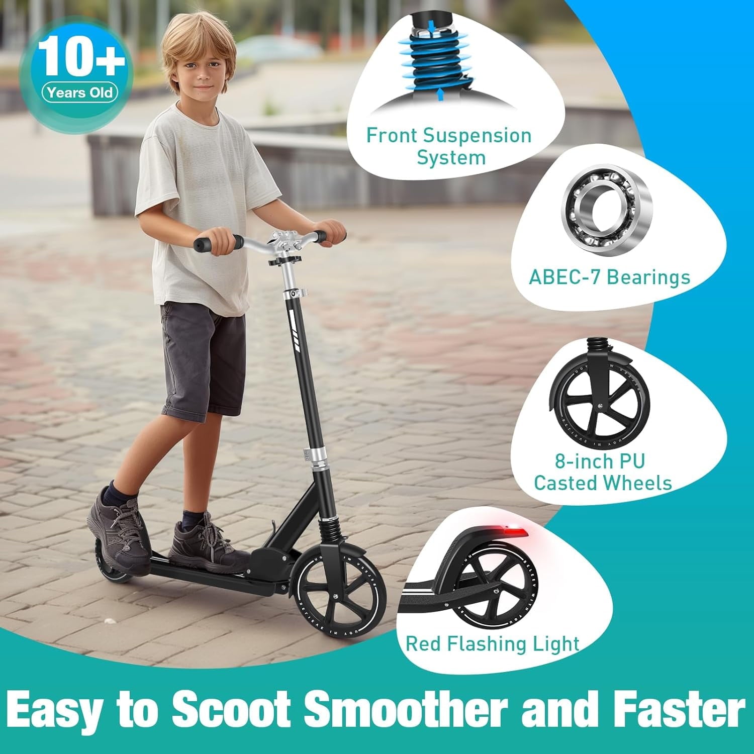 Foldable Scooter -200mm Big Wheels 4 Levels Height Adjustable for Kid, Teens & Adults - Unisex, Black