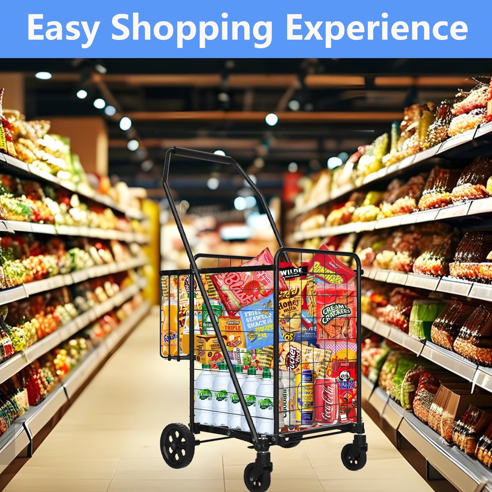Folding Shopping Cart with Wheels, 360° Swivel Design, Heavy Duty Utility Cart, Black