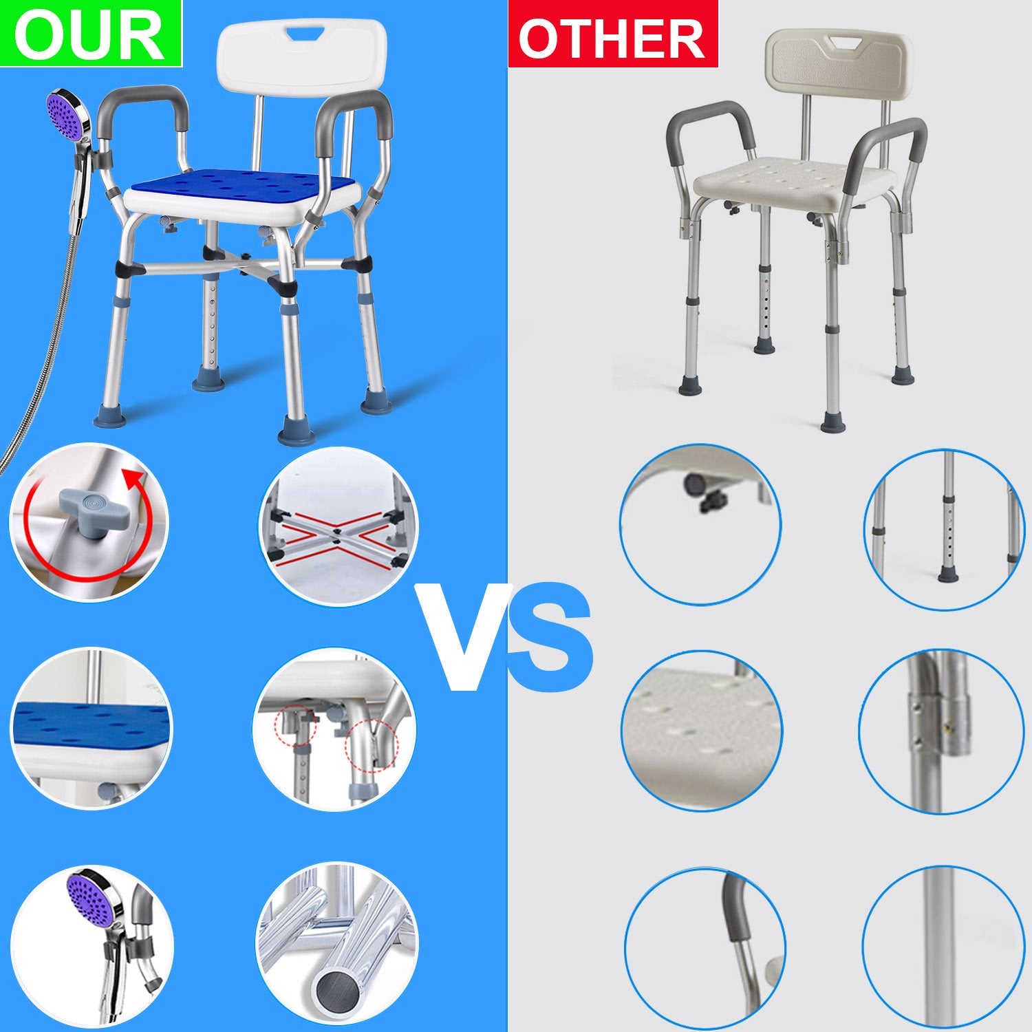 Shower Chair Bath Chair with Back & Padded Armrests and Shower Grab Bar, Height Adjustable with Reinforced Crossing Bar , Supports up to 350 lbs, White