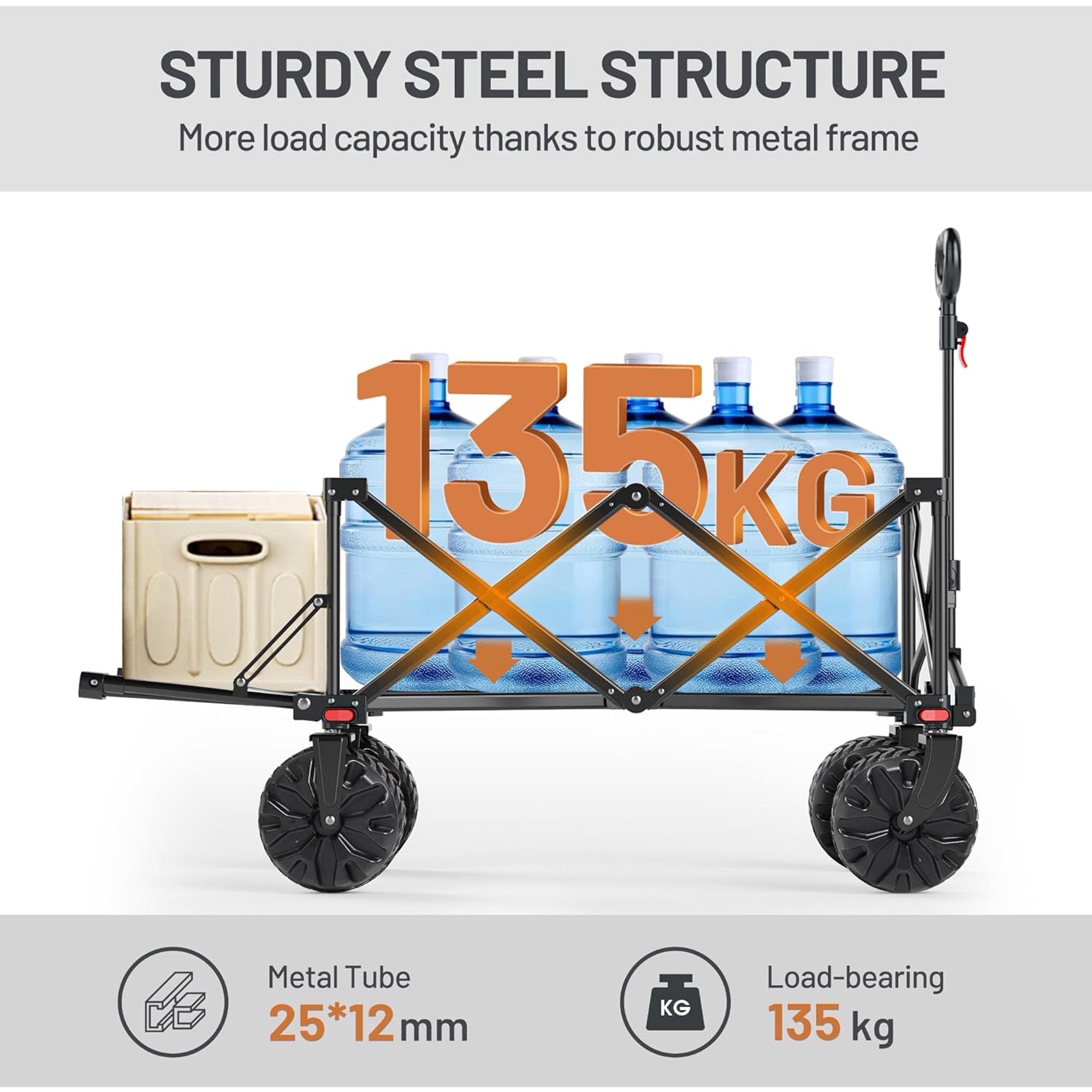 300L Folding Beach Trolley Cart with Adjustable Tailgate, 135kg Collapsible Wagon with Detachable Wide Wheels & Adjustable Handle for Outdoor Camping Garden, Orange