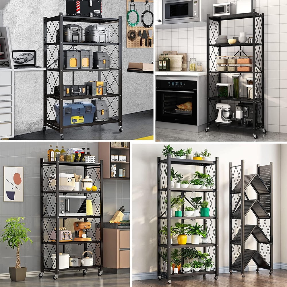 5-Tier Metal Storage Shelves with Wheels, Heavy Duty Foldable Garage Shelving Unit for Easy Organization, Ideal for Kitchen, Garage, and Basement, Black