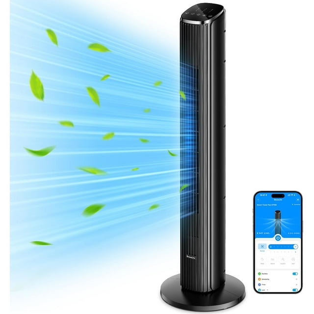 40" Oscillating Tower Fan for Bedroom, Remote, Bladeless, Quiet, 3 Modes, 7-Hour Timer, LED Display, Black