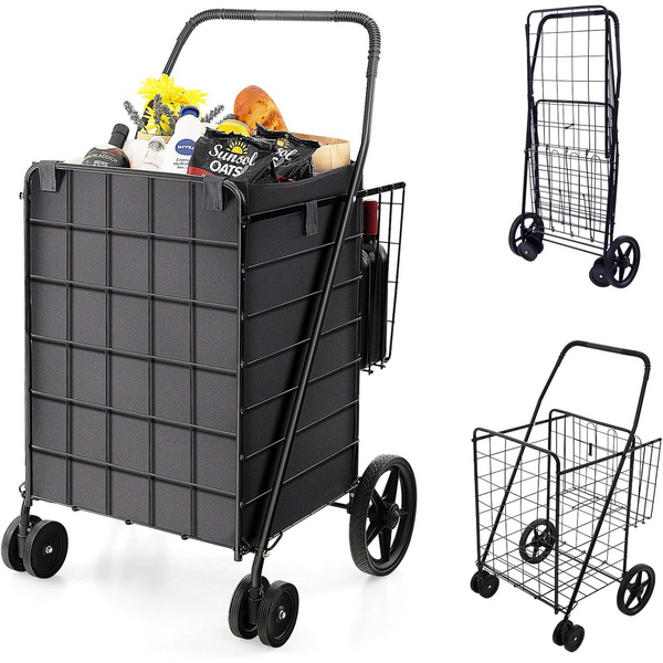 Folding Shopping Cart Jumbo Basket Grocery Laundry Travel w/ Swivel Wheels, Black