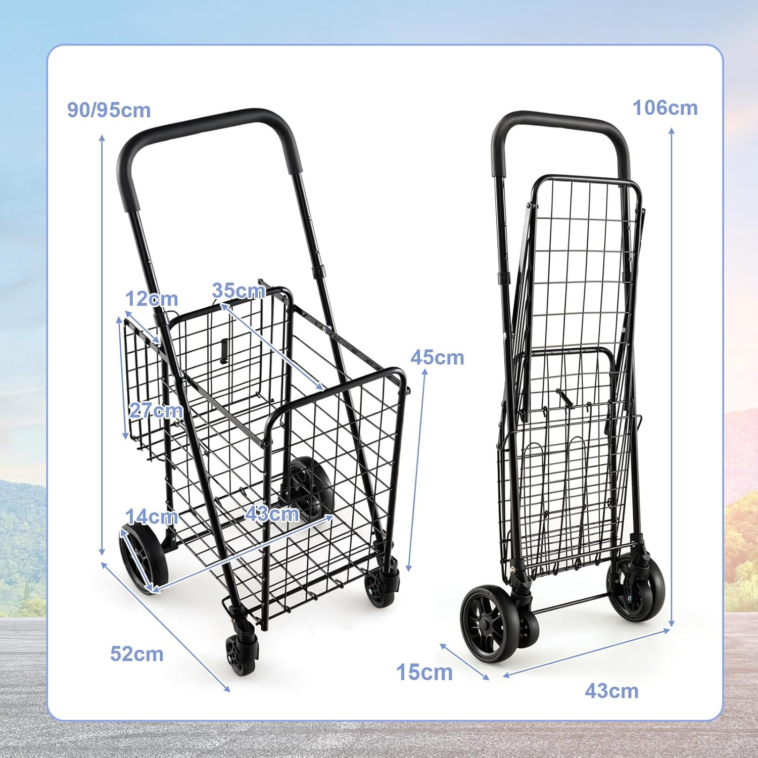 Folding Shopping Cart Jumbo Basket Rolling Utility Trolley Adjustable Handle New