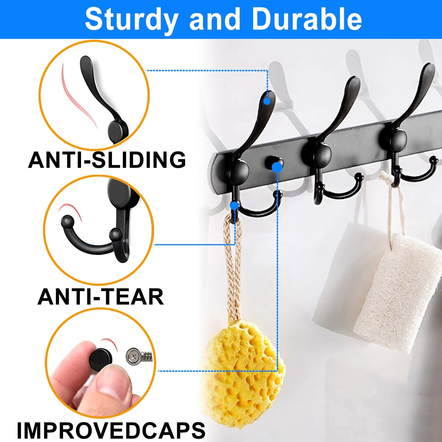 Coat Rack Wall Mount2 Pack Wall Mounted Coat Rack with 5 Tri Coat Hooks, Heavy Duty, Stainless Steel, Metal Coat Hook Rail, for Bathroom, Bedroom, Entryway