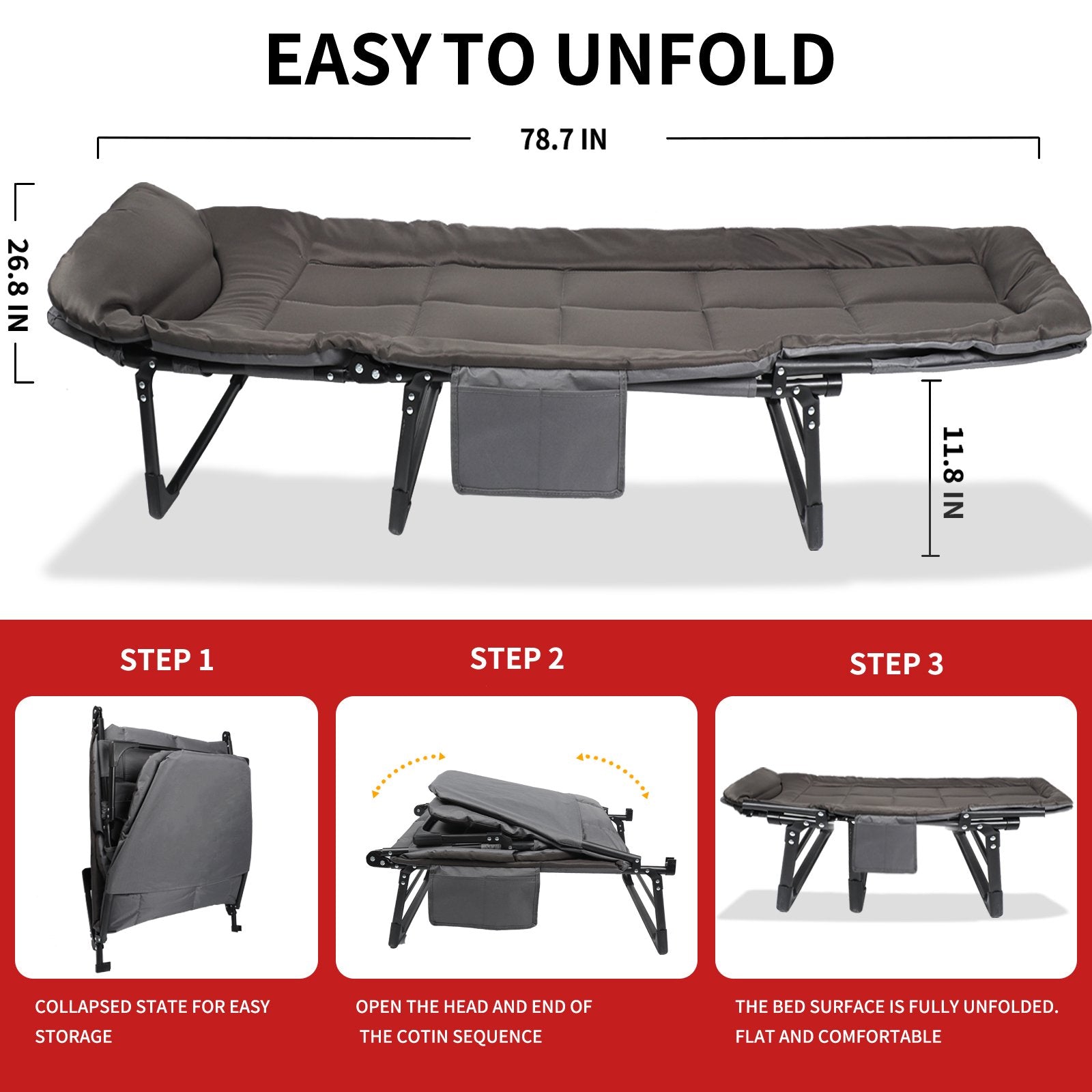 Folding Camping Cot Bed , 78.7"*26.8" Adjustable 5-Position Folding Chaise Lounge Chair, Portable Guest Bed & Outdoor Folding Sleeping Cots Bed for Home, Office, Camping, Indoor, Outdoor