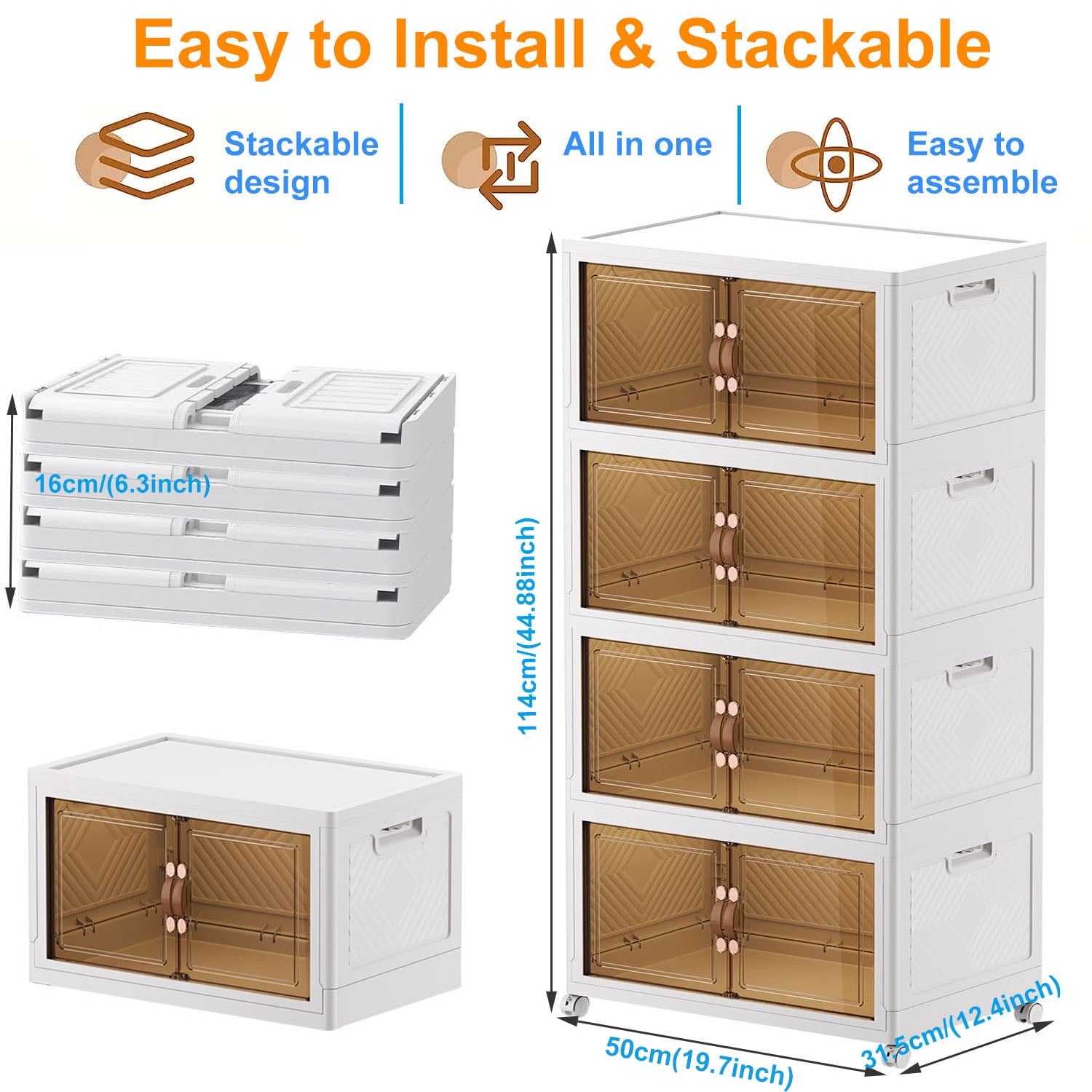 Storage Bins with Lids- 4 Tier Folding Storage box with Doors and Wheels, Collapsible Plastic Storage Bins for Closets, Stackable Storage Organizer, Storage Containers for Closet