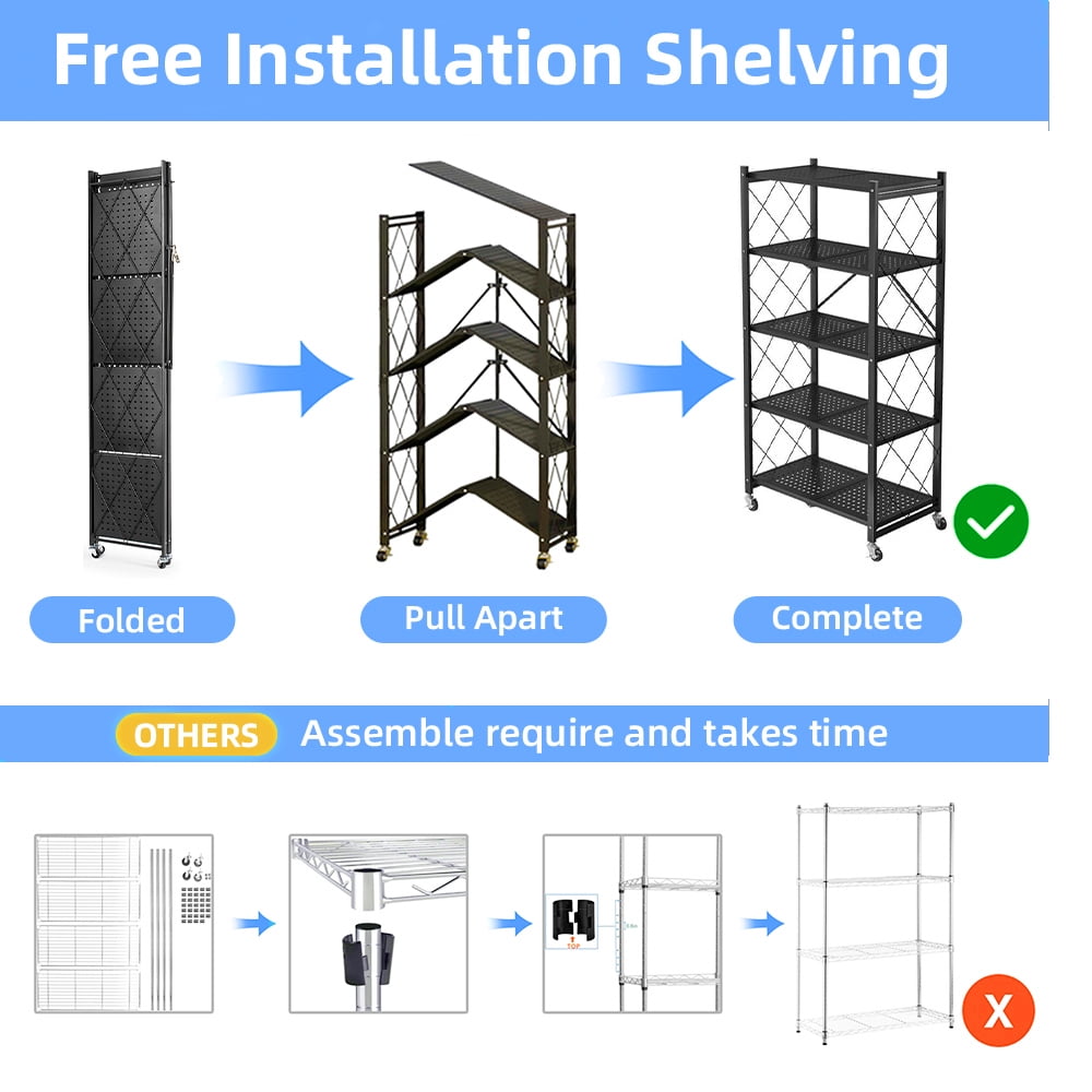 5-Tier Metal Storage Shelves with Wheels, Heavy Duty Foldable Garage Shelving Unit for Easy Organization, Ideal for Kitchen, Garage, and Basement, Black