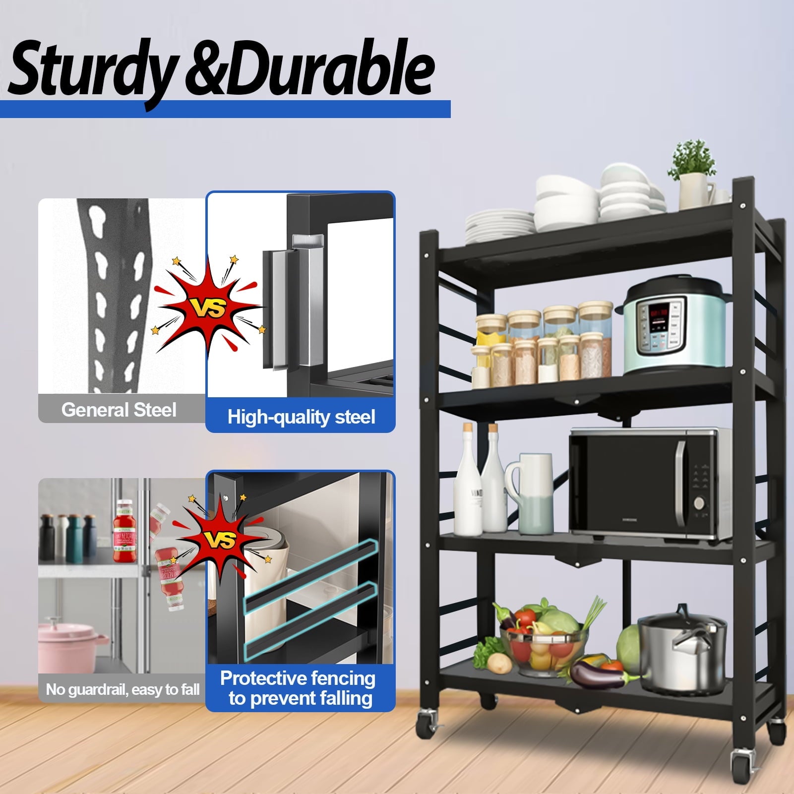 Storage Shelving Units, 4-Tier Metal Storage Shelves Rack with Wheels, Easy to Fold, No Assembly Required, Ideal for Kitchen, Basement, Pantry Organization, Black