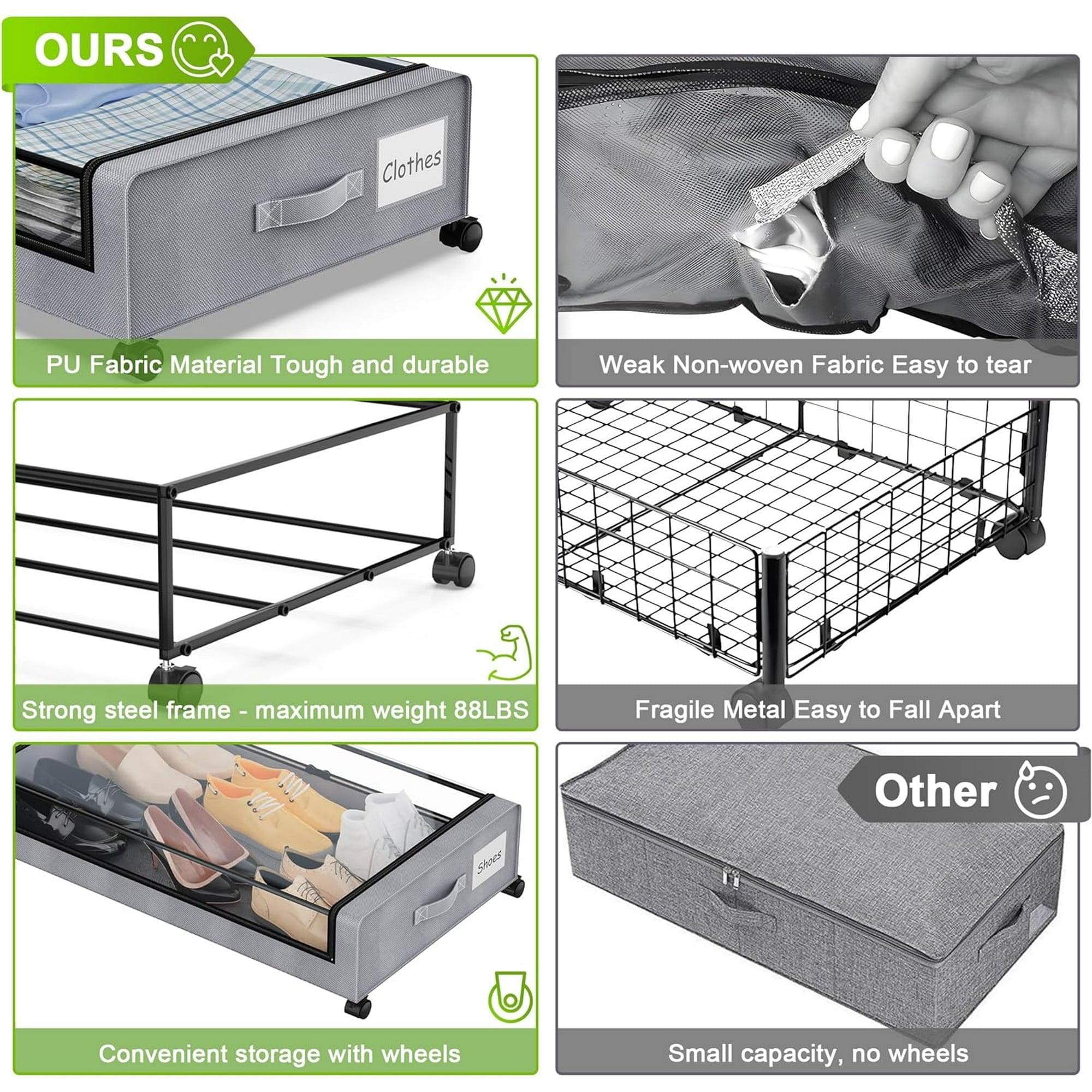 Under Bed Storage with Wheels, 2Pack Under Bed Storage Containers, Under Bed Shoe Storage Organizer, Rolling Under Bed Metal Drawer for Clothes, Blankets